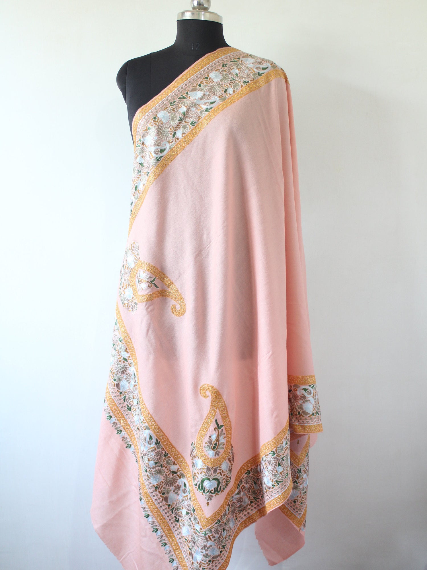Kashmiri Tilla Silk Shawl Intricately Hand embroidered with Gold and Silk Threads