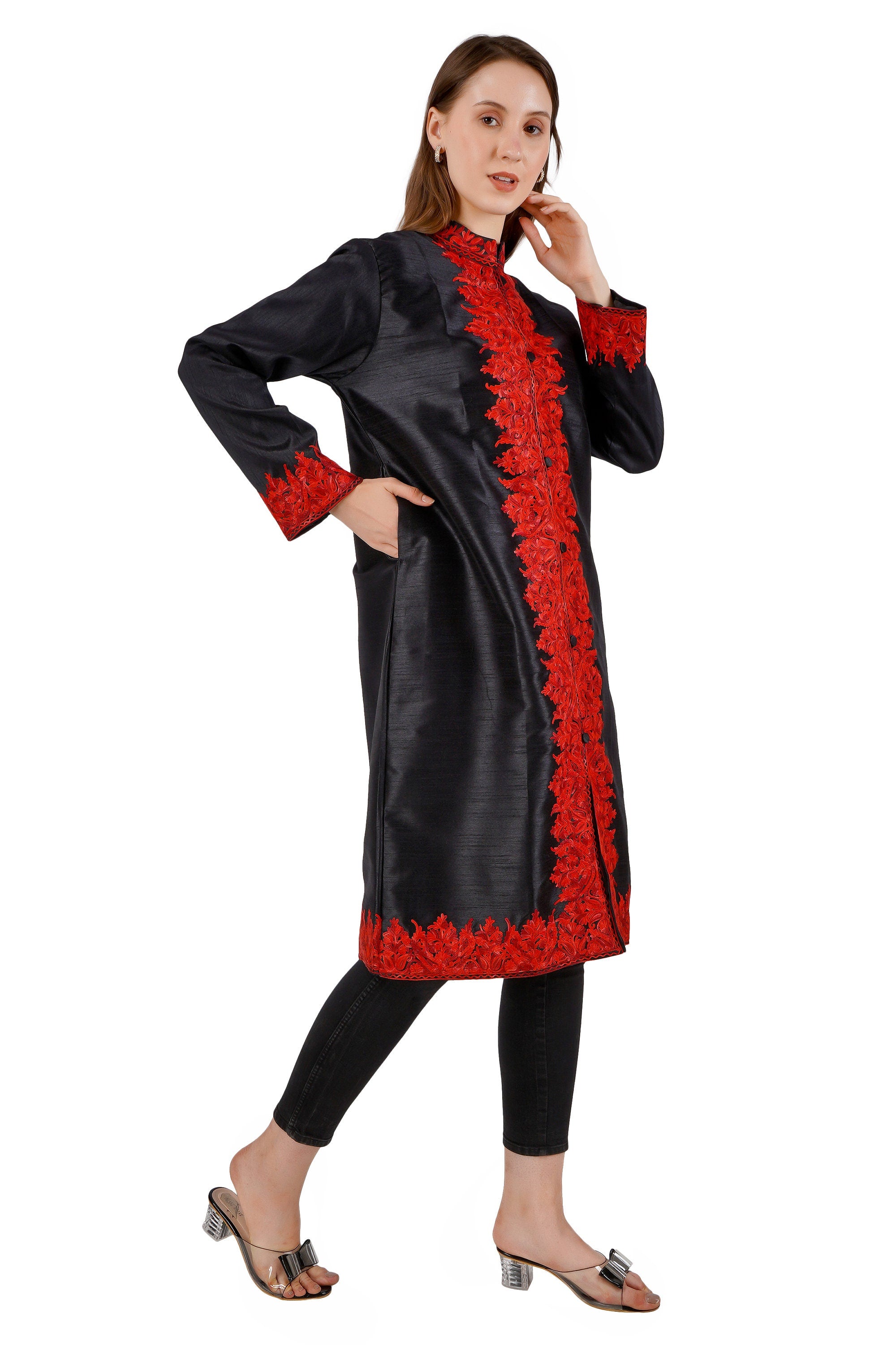 Kashmiri Aari Embroidered Long Silk Jacket, Summer Coat For Women