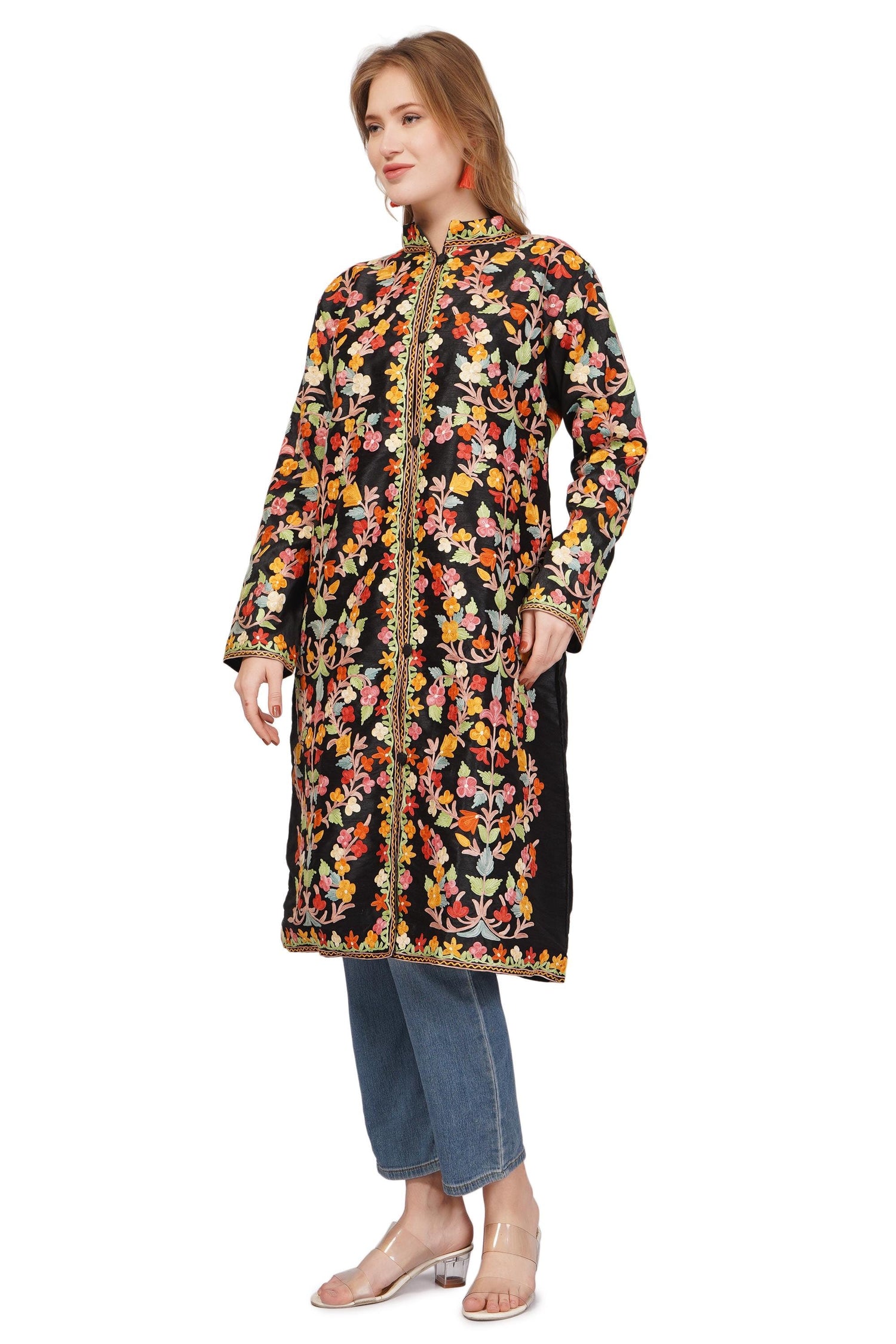 Kashmiri Jacket, Embroidered Silk Jacket, Long Length Coat, Bohemian Jacket, Embroidered Jacket, Long Embroidered Coat, Silk Summer Jacket