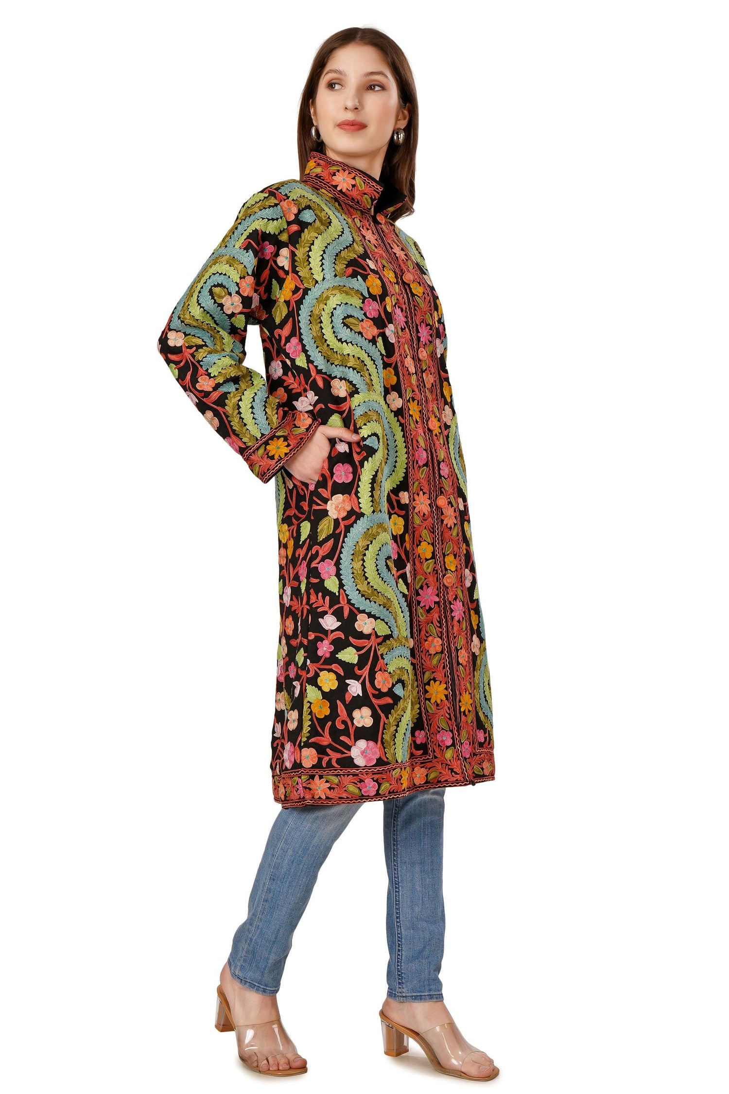 Kashmiri Jacket, Embroidered Silk Jacket, Long Length Coat, Bohemian Jacket, Embroidered Jacket, Long Embroidered Coat, Wool Winter Jacket