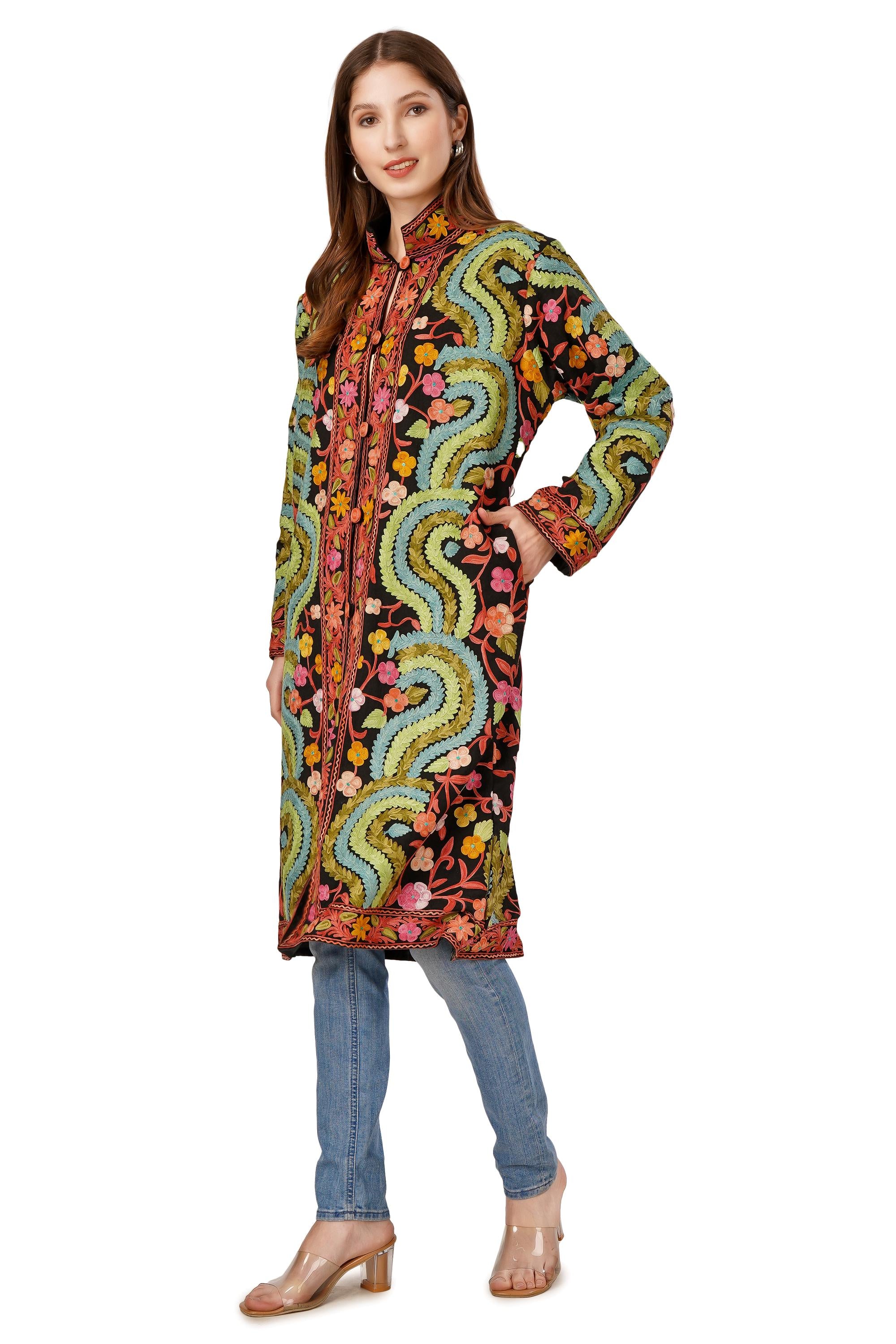 Kashmiri Jacket, Embroidered Silk Jacket, Long Length Coat, Bohemian Jacket, Embroidered Jacket, Long Embroidered Coat, Wool Winter Jacket