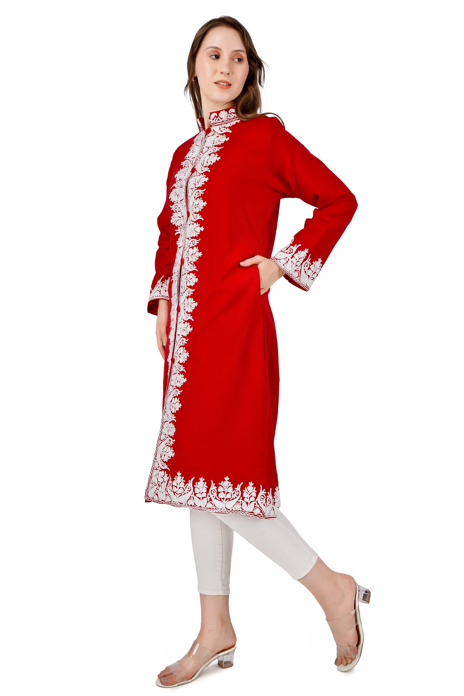 Kashmiri Aari Embroidered Long woollen Jacket, Winter Coat For Women, Paisley Indian Jacket
