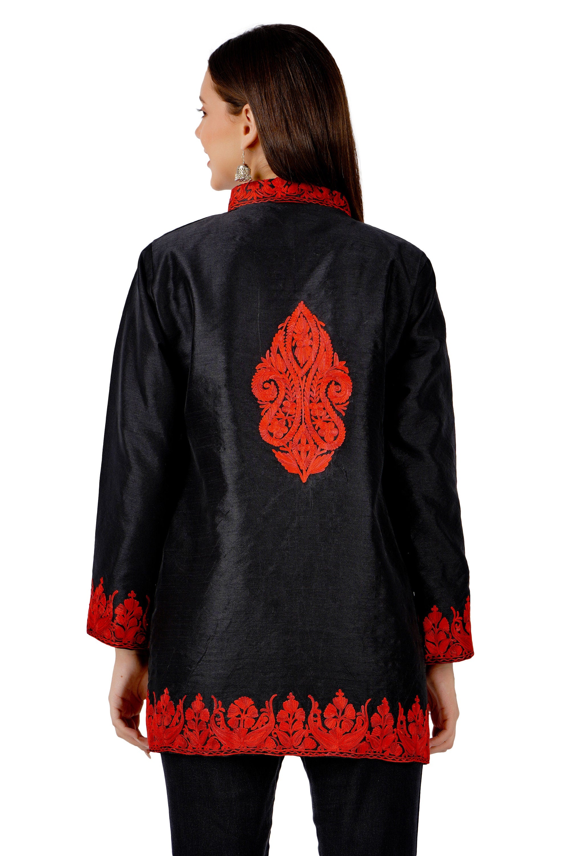 Short Embroidered Silk Jacket: Bohemian Style Kashmiri Coat