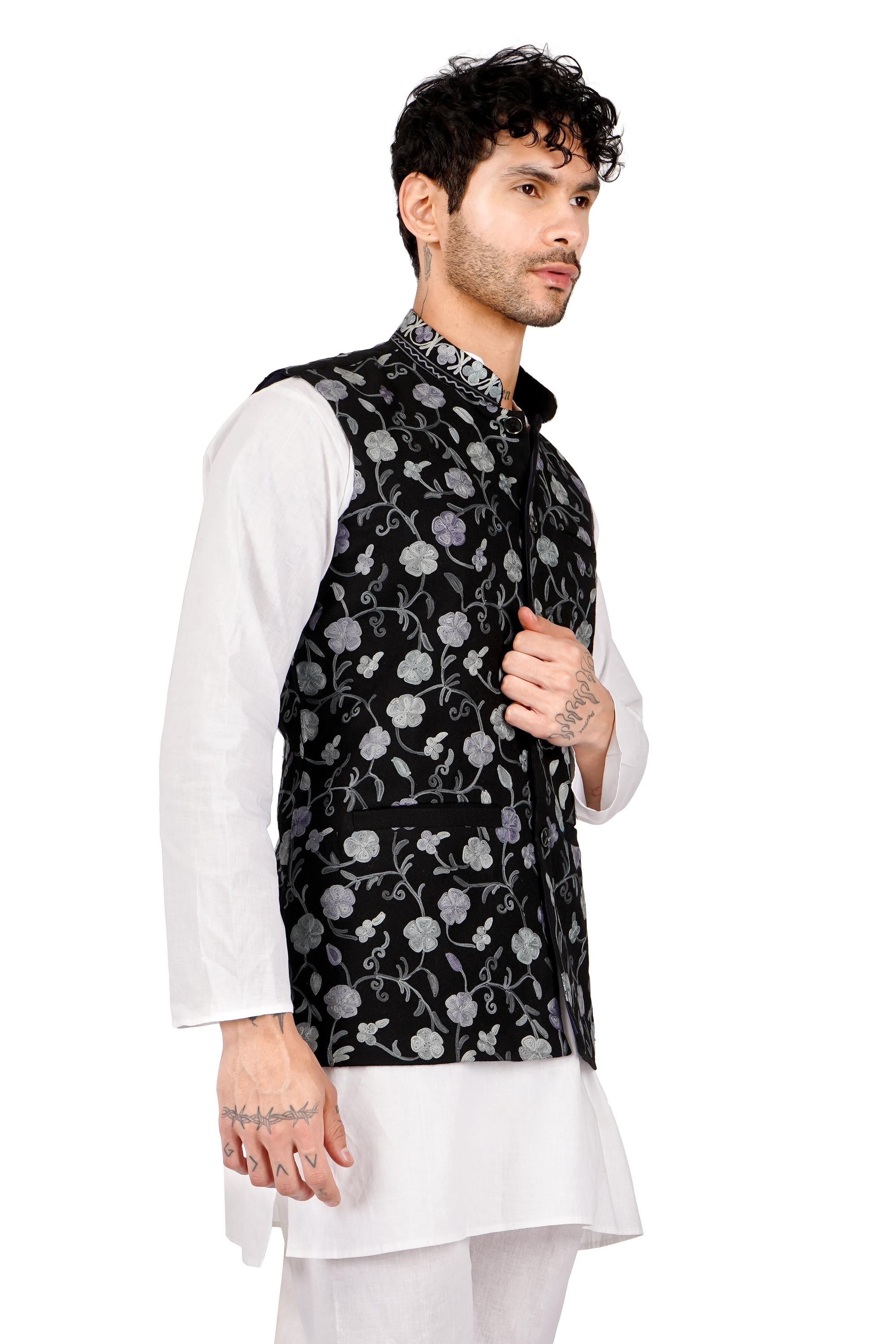 Kashmiri Nehru Jacket, Sleeveless Nehru Jackets, Men Waistcoat, Modi Jackets, Floral Aari Embroidered Luxurious Jackets For Men
