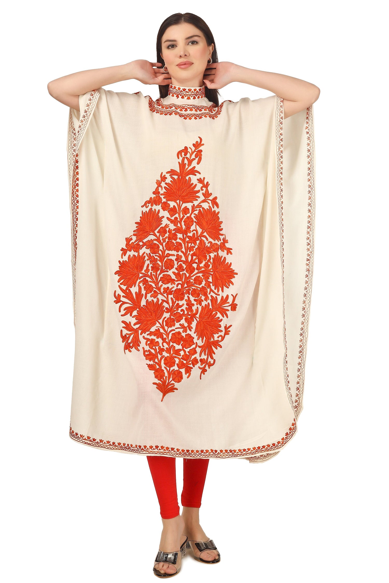 Pashmina Kaftan, Cashmere Aari Embroidered Kaftan, Kashmiri Kaftan, Women Caftan, White Kaftan,