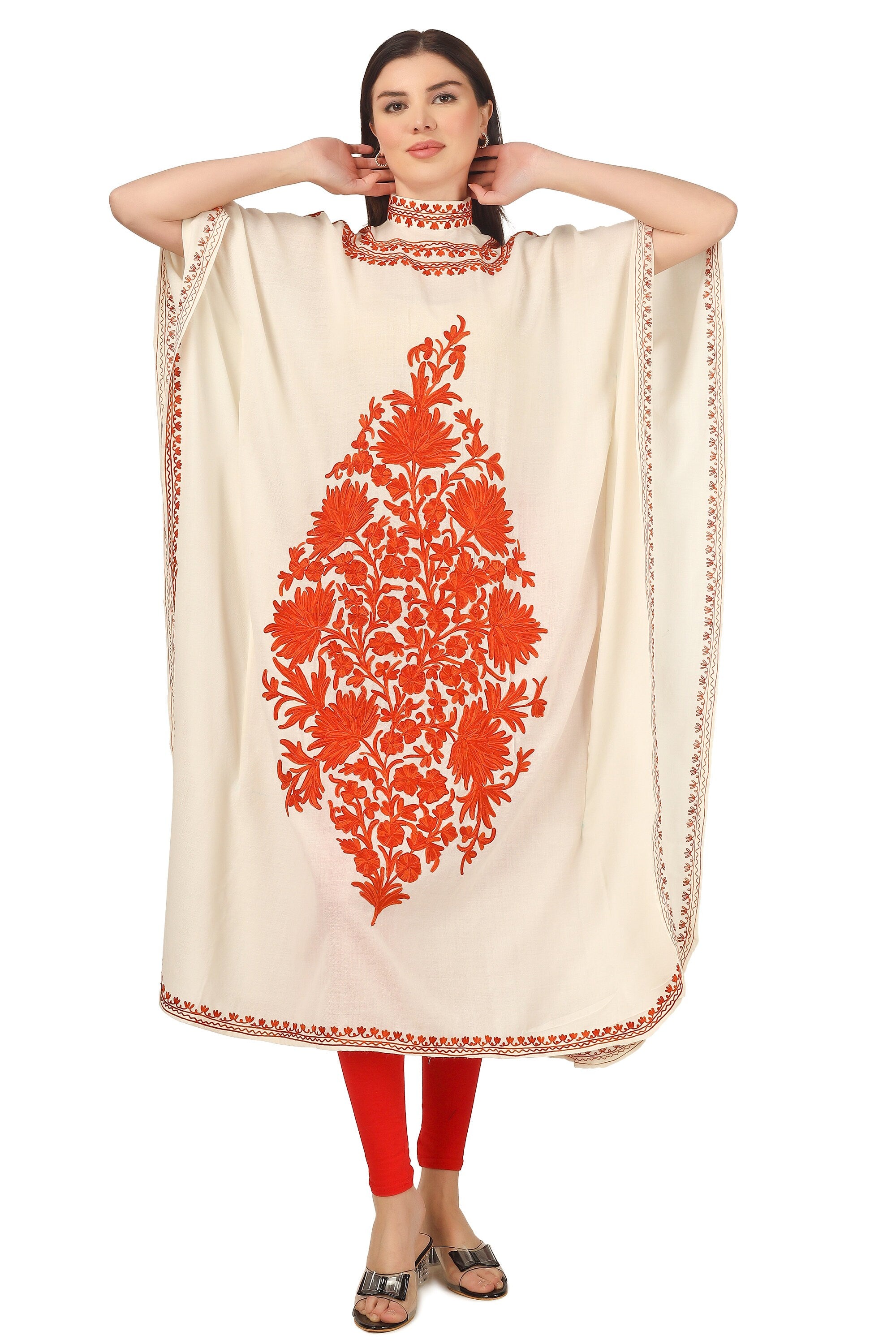 Pashmina Kaftan, Cashmere Aari Embroidered Kaftan, Kashmiri Kaftan, Women Caftan, White Kaftan,