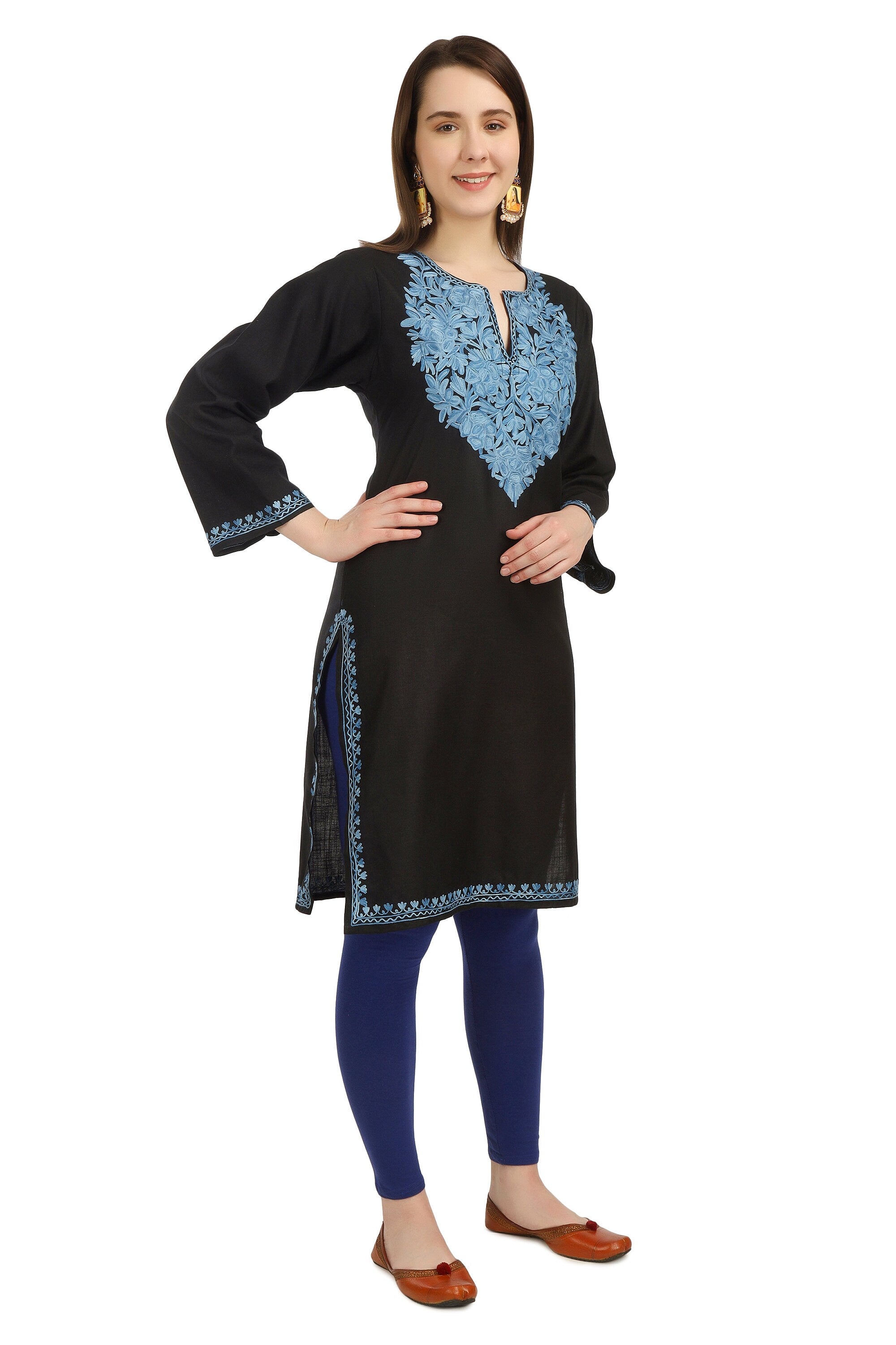 Aari Embroidered Cotton Kashmiri Kurti - Elegant Indian Women&