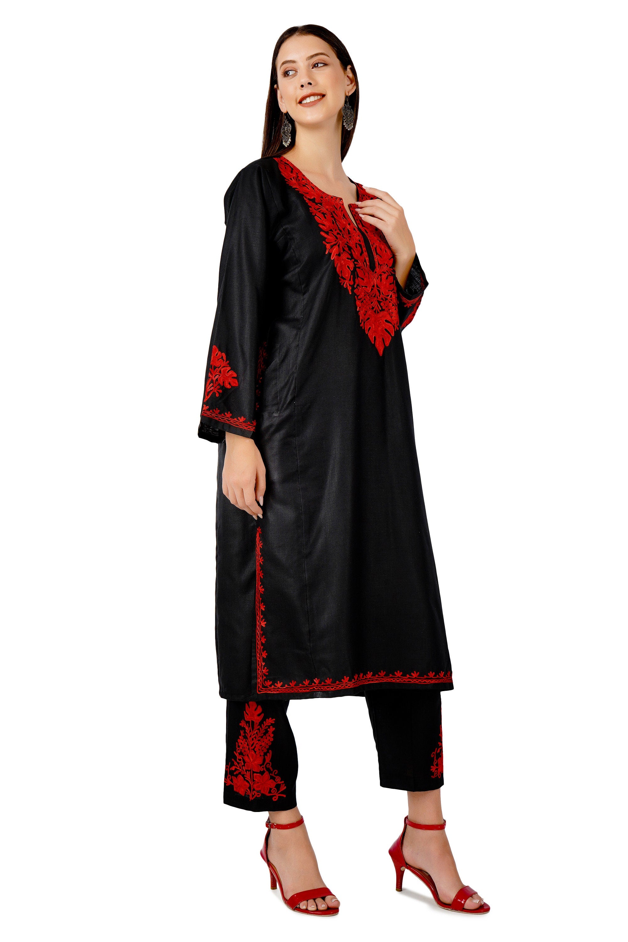 Kashmiri Aari Embroidered Kurti with Bottom Pant, Cotton Kurti with Pant Set, Kashmiri Aari Embroidered Kurti Pant Co-ord Set