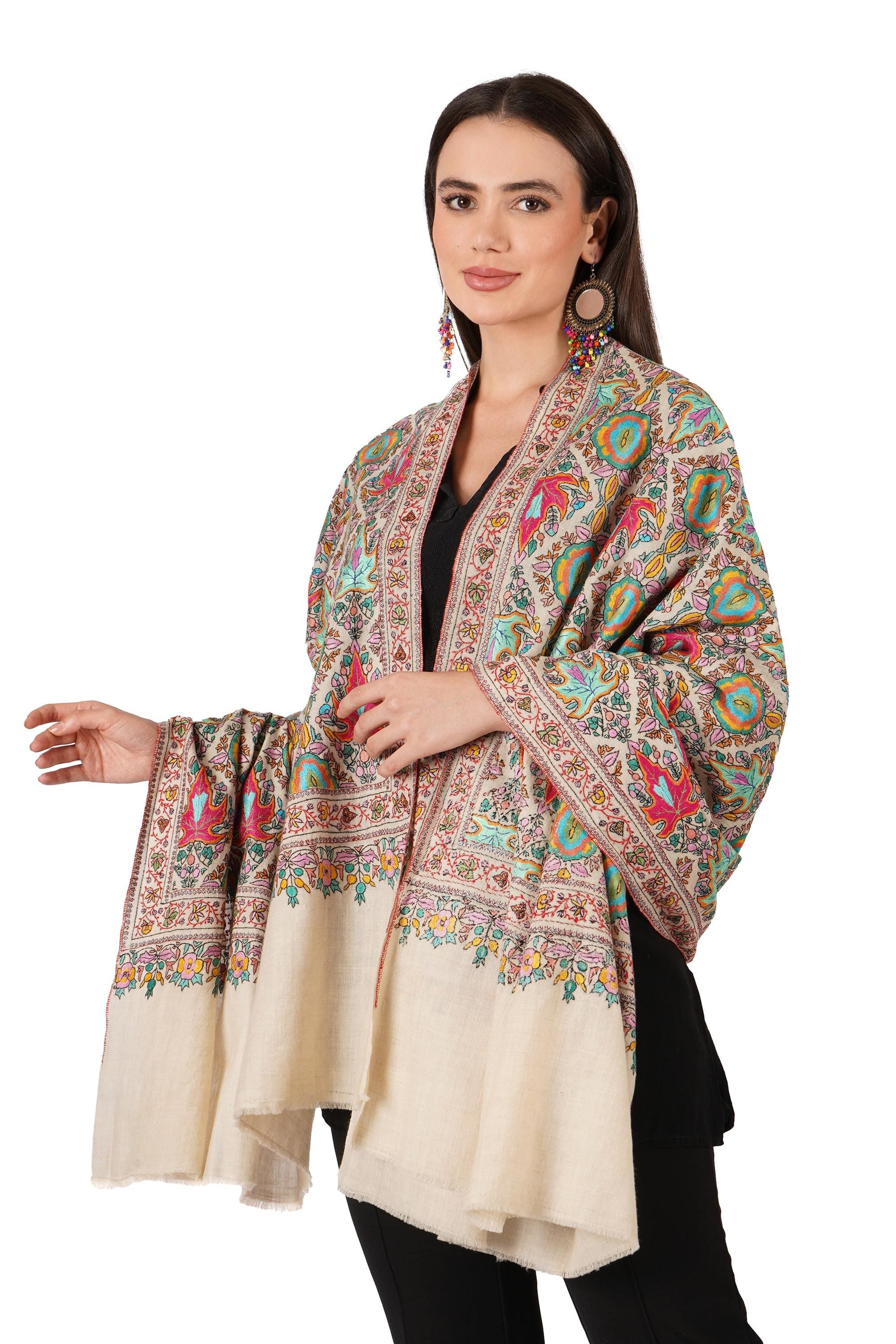 Pure Pashmina Jamawar Shawl with Sozni Hand Embroidery, Handmade Undyed Natural White, Paper Mache Embroidery Shawl