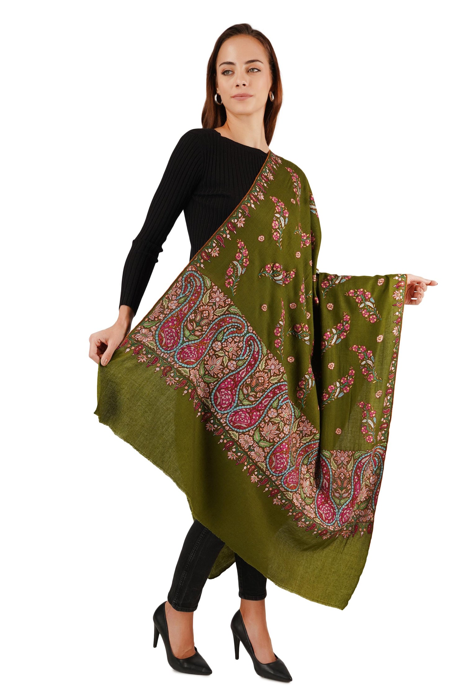 Pure Pashmina Shawl with Sozni Hand Embroidery, Paper Mache Embroidery Shawl, Handmade Green Shawl