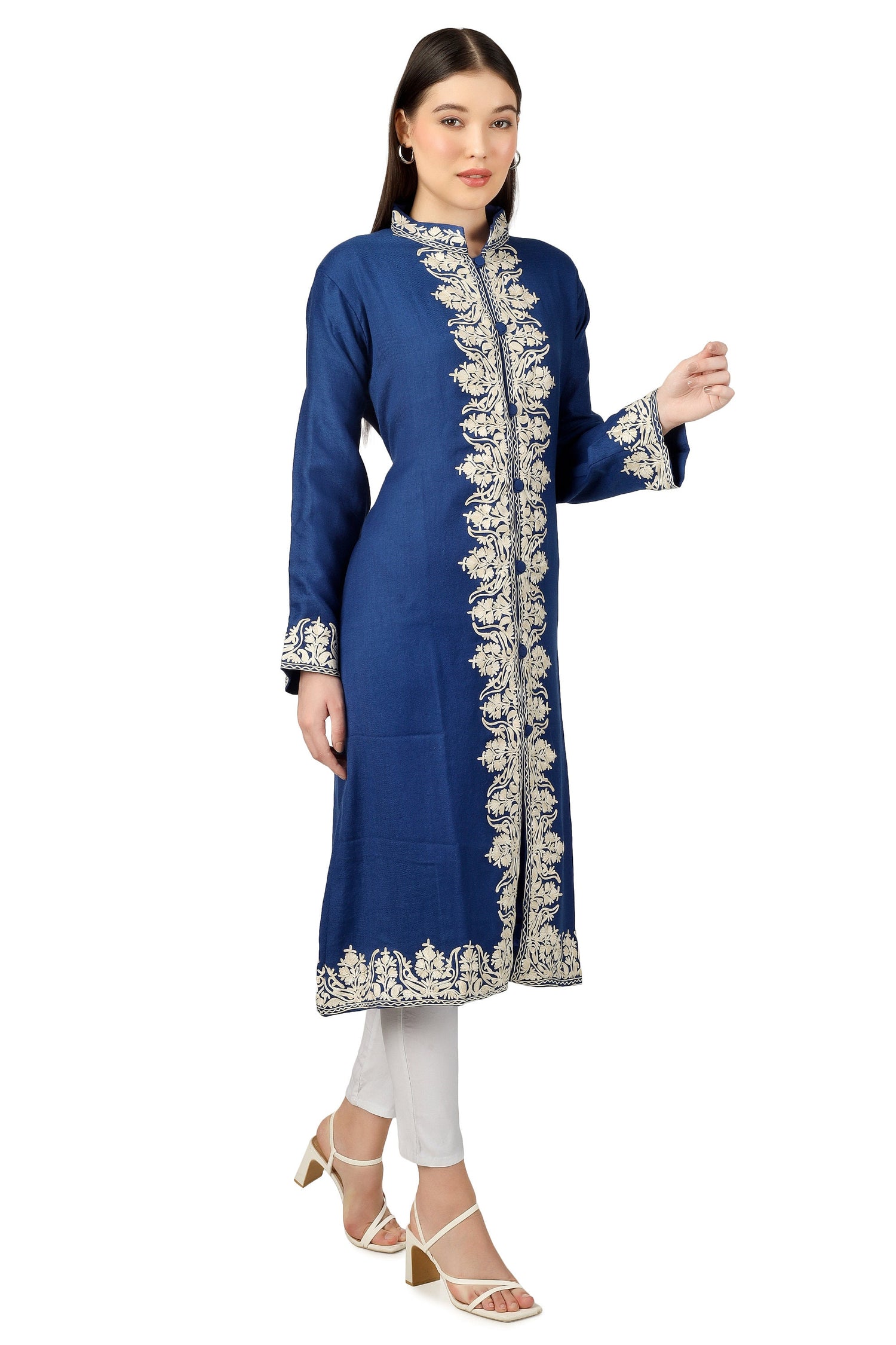 Kashmiri Embroidered Jacket, Embroidered Coat, Long Jacket, Woolen Jacket, Blue Jacket
