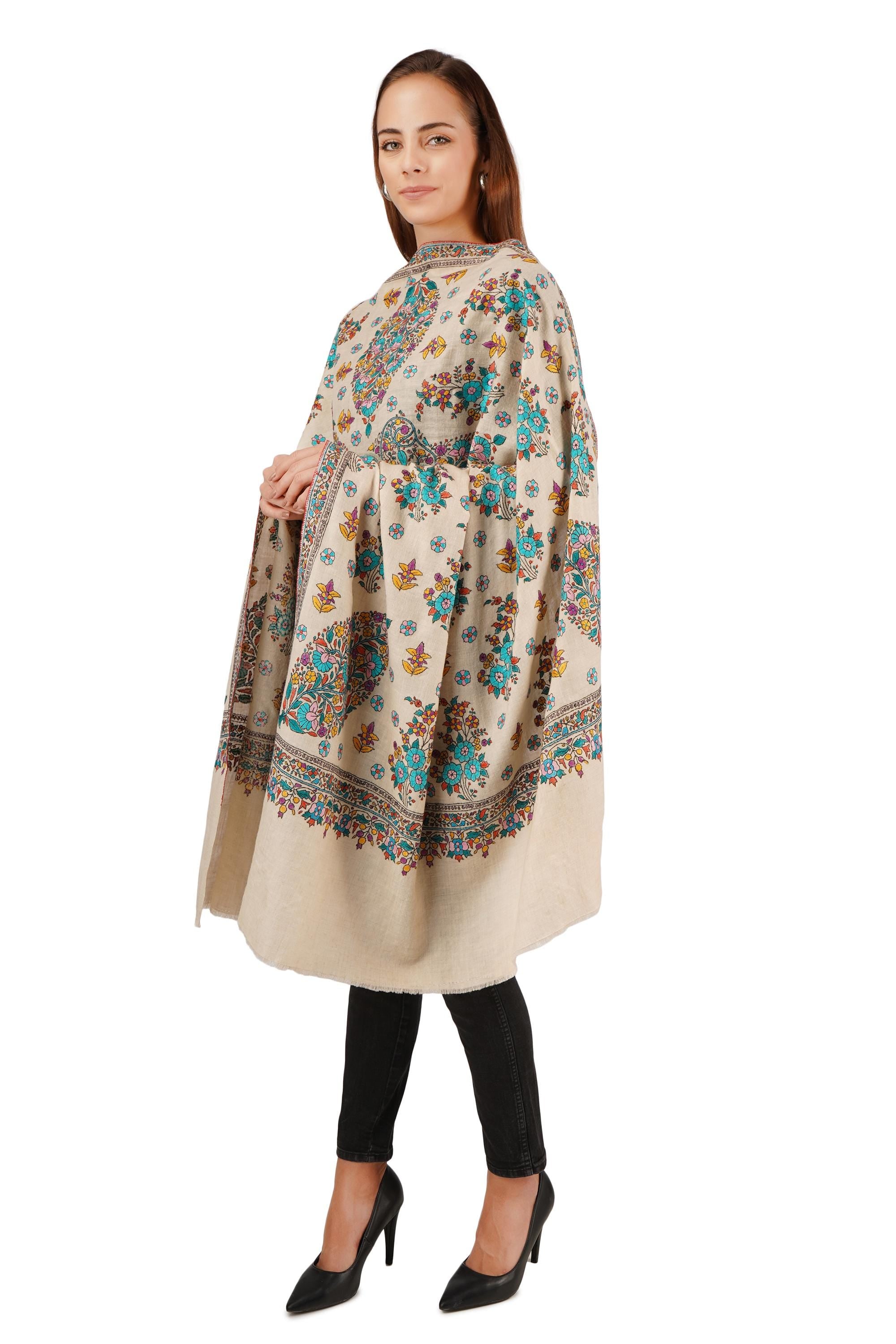 Pure Pashmina sozni handwork Embroidery Shawl, Handmade Undyed Natural White, Paper Mache Embroidery, Sozni Hand Embroidery - BATIN