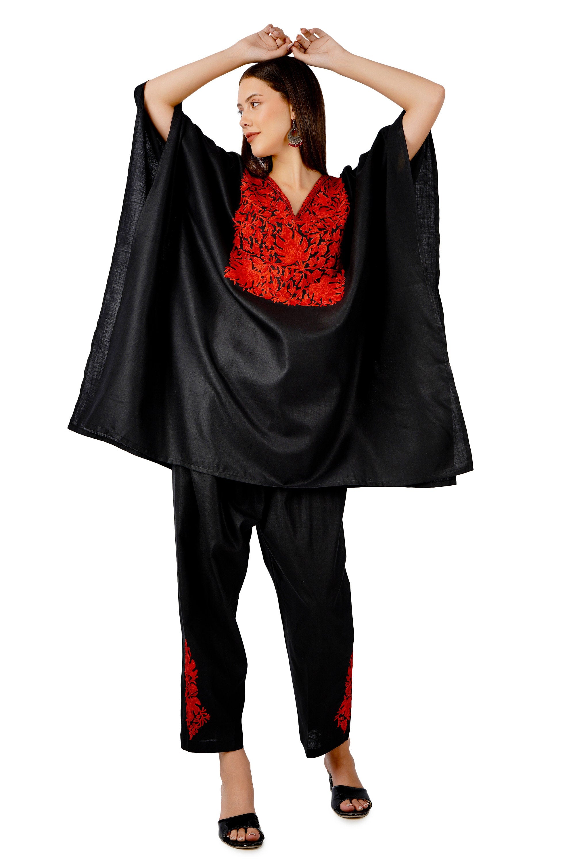 Kashmiri Aari Embroidered Cotton Co-Ord Set, Embroidered Kaftan Top and Pant, Women&