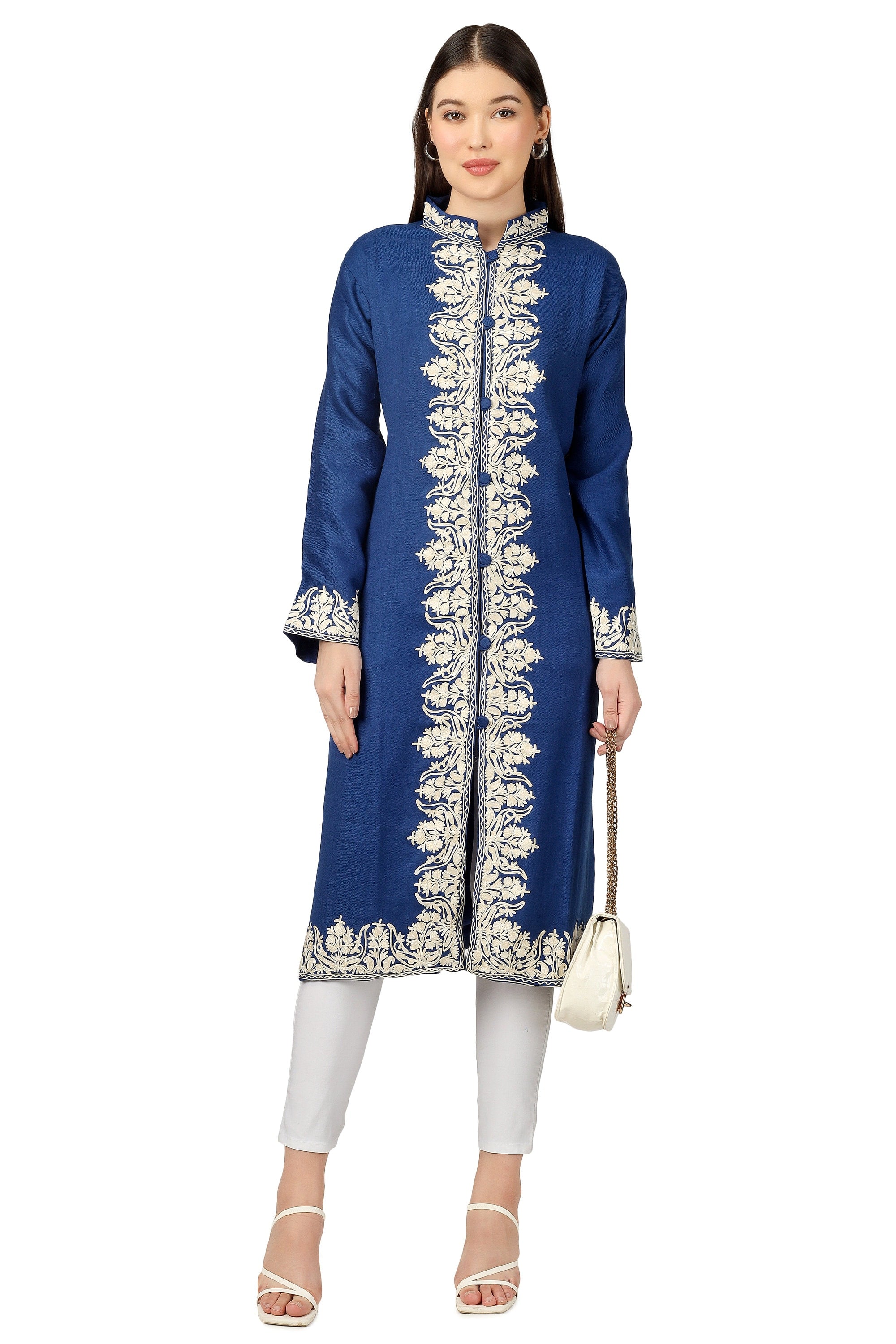Kashmiri Embroidered Jacket, Embroidered Coat, Long Jacket, Woolen Jacket, Blue Jacket