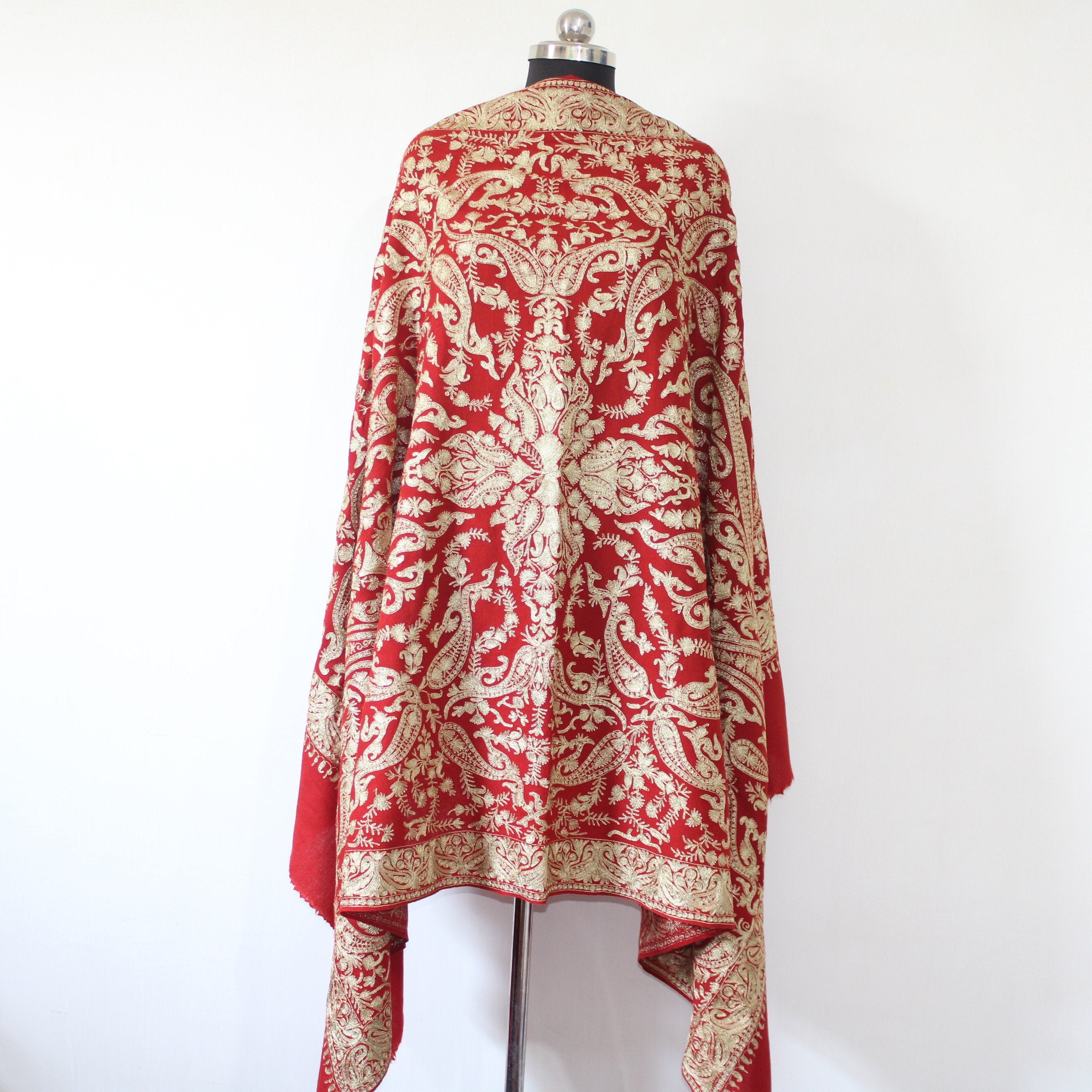 Bridal Embroidered Shawl, Kashmiri Tilla Shawl For Women, Indian Wedding Shawl, Bridal Cover Up Wrap, Zari Embroidered Cashmere Shawl