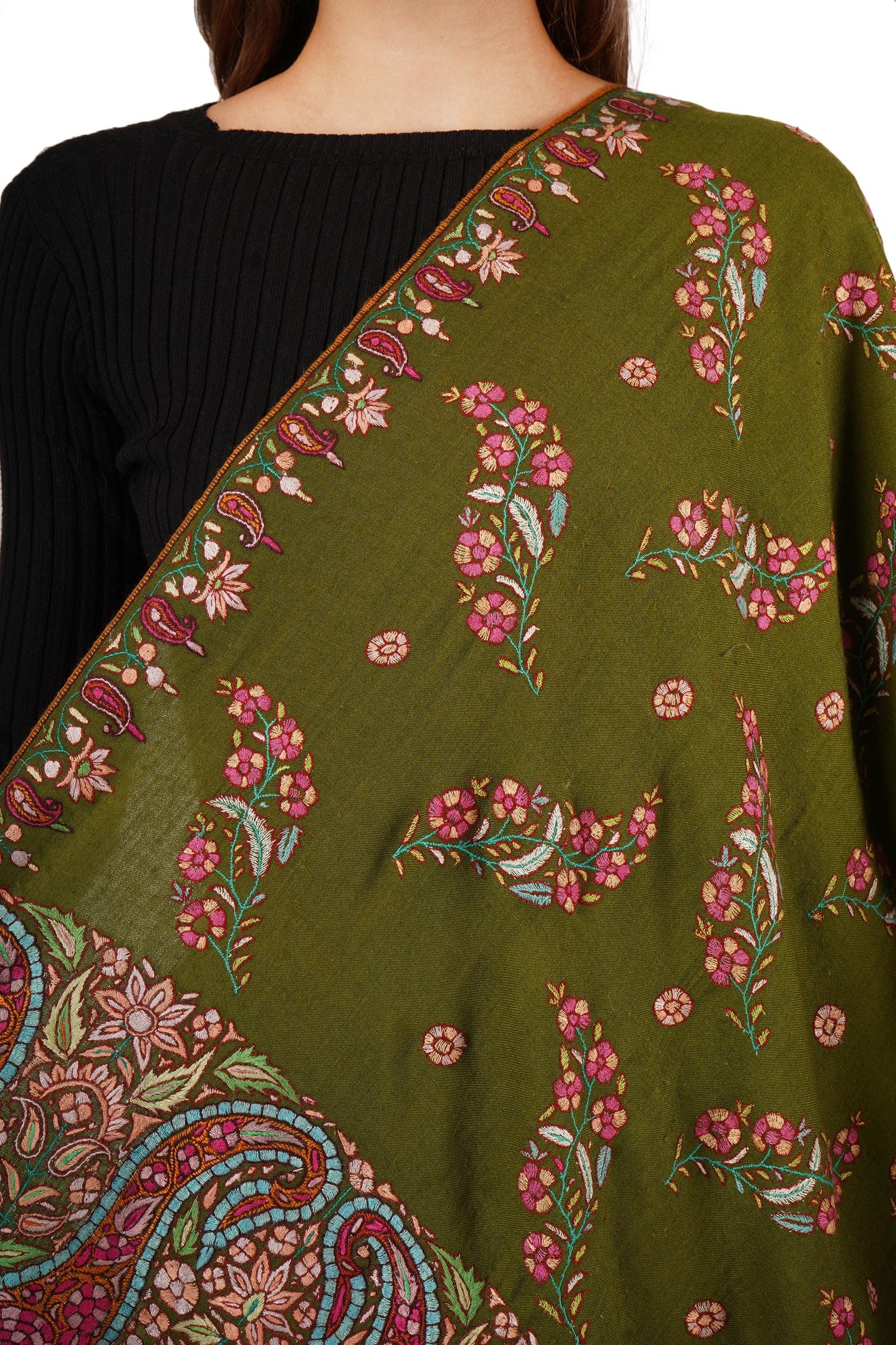Pure Pashmina Shawl with Sozni Hand Embroidery, Paper Mache Embroidery Shawl, Handmade Green Shawl