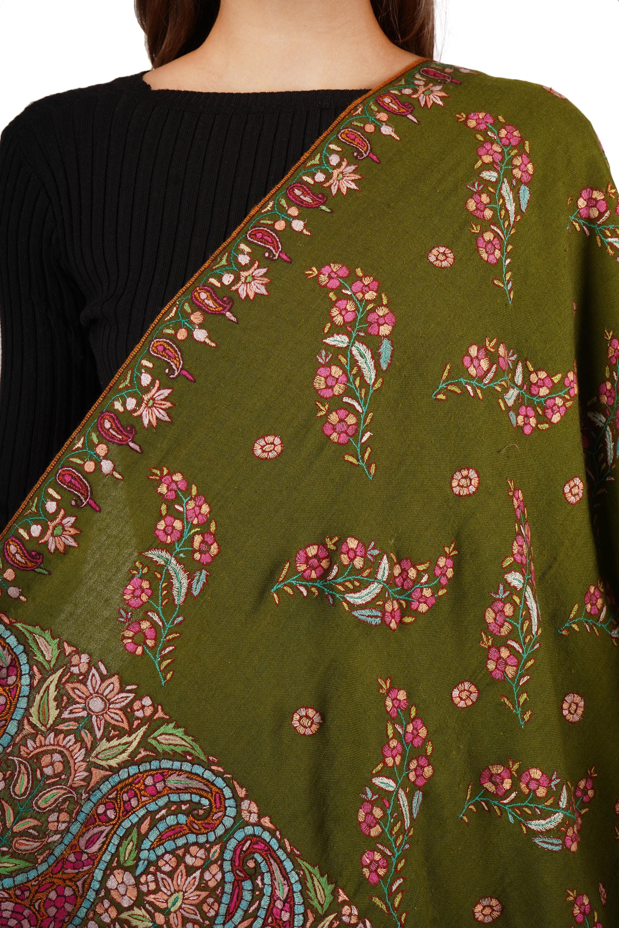 Pure Pashmina Shawl with Sozni Hand Embroidery, Paper Mache Embroidery Shawl, Handmade Green Shawl