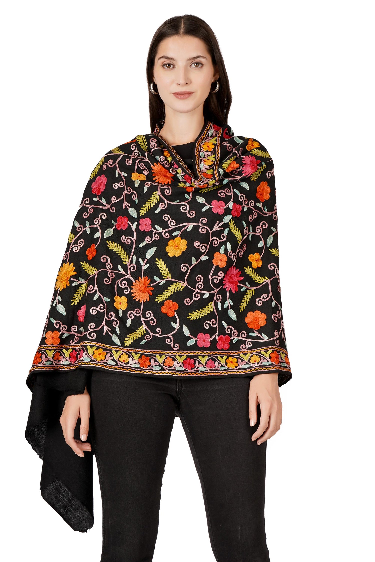 Kashmiri Woollen Scarf with Aari Embroidery For Women, Floral Kashmiri Scarf, Indian Wrap, Shawl for women, Cashmere Wrap, Gift Shawl - BATIN
