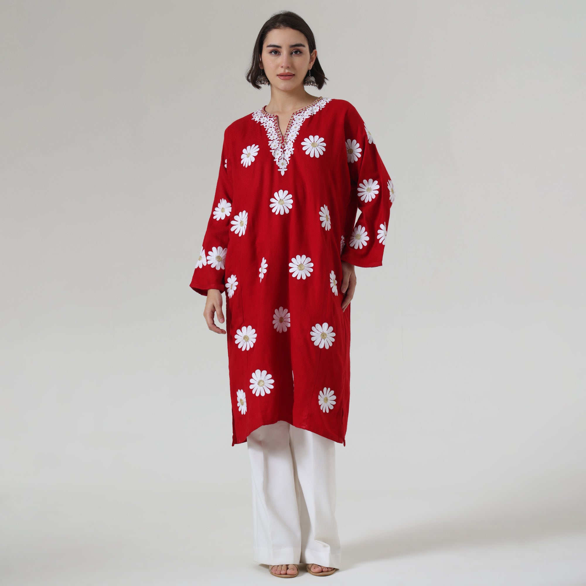 Kashmiri Aari Embroidered Pheran - Traditional Woolen Winter Kurta For Women