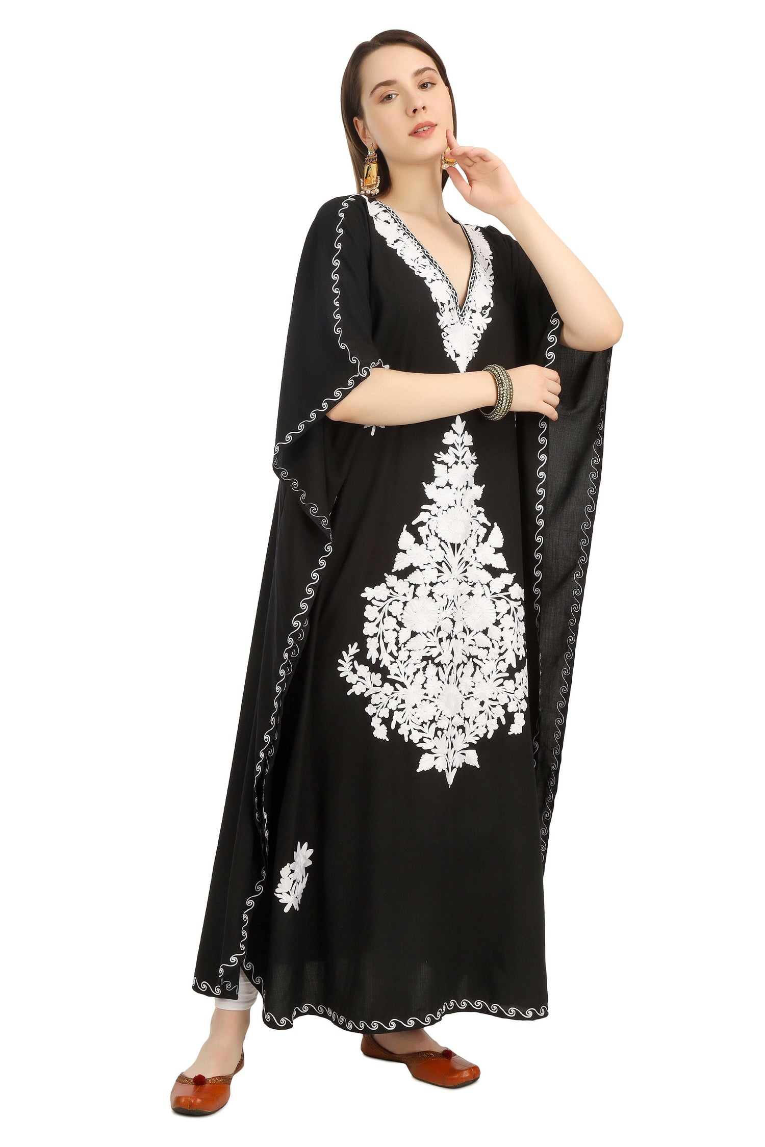 Kashmiri Aari Embroidered Cotton Kaftan for Women, Handmade Kaftan Dress for Girls, Cotton Maxi Dress for Summers
