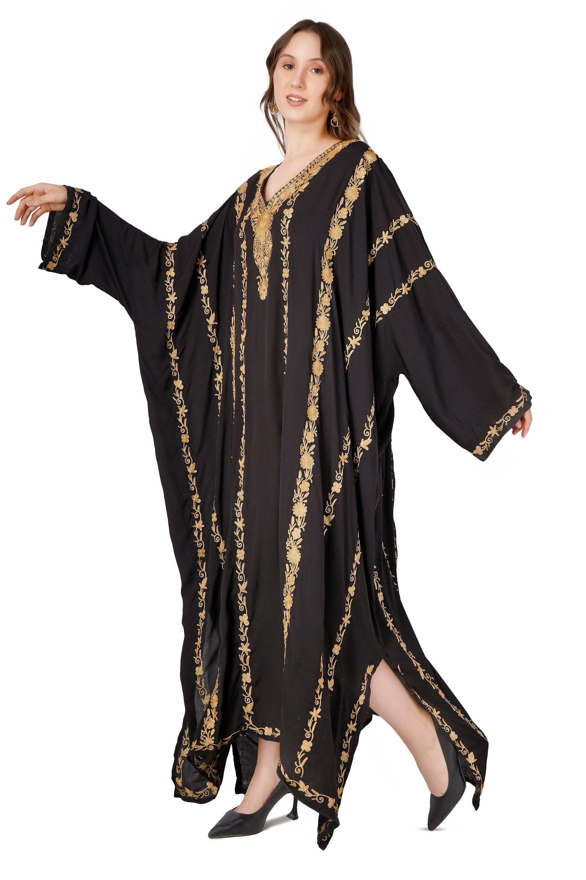 Kashmiri Zari Embroidered Crepe Silk Kaftan, Moroccan Caftan with Gold Embroidery, Long Length Kashmiri Tilla Embroidered Kaftan