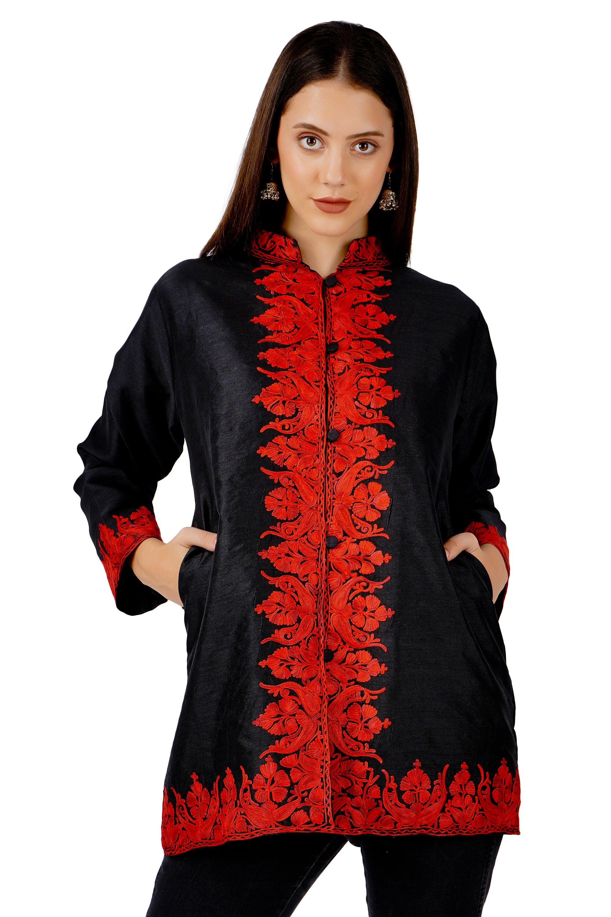 Short Embroidered Silk Jacket: Bohemian Style Kashmiri Coat