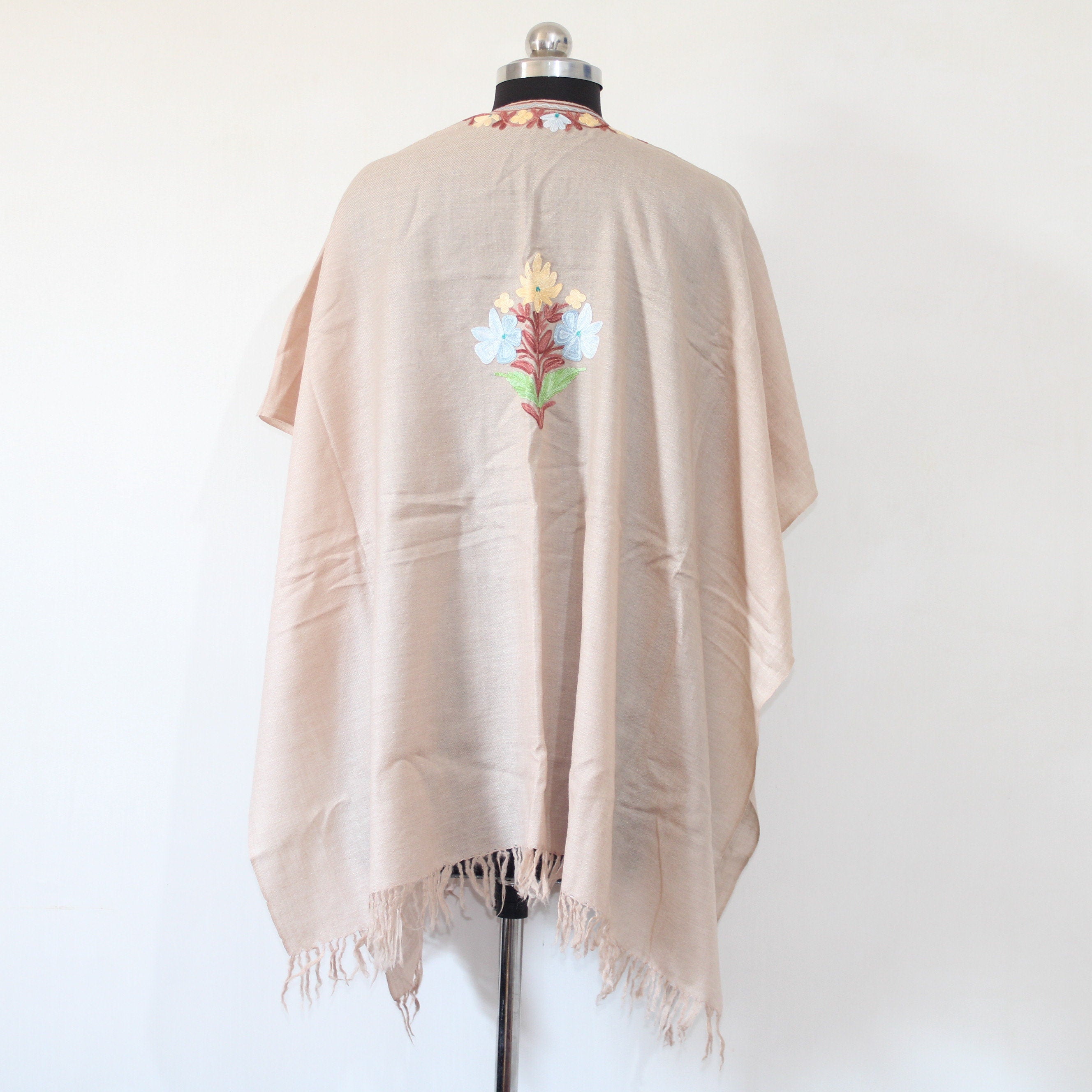Cape Shawl, Fine Wool Embroidered Cape Shawl, Kashmiri Embroidered Cape Shawl, Kashmiri Cape Shawl For Women, Cape Shawl,