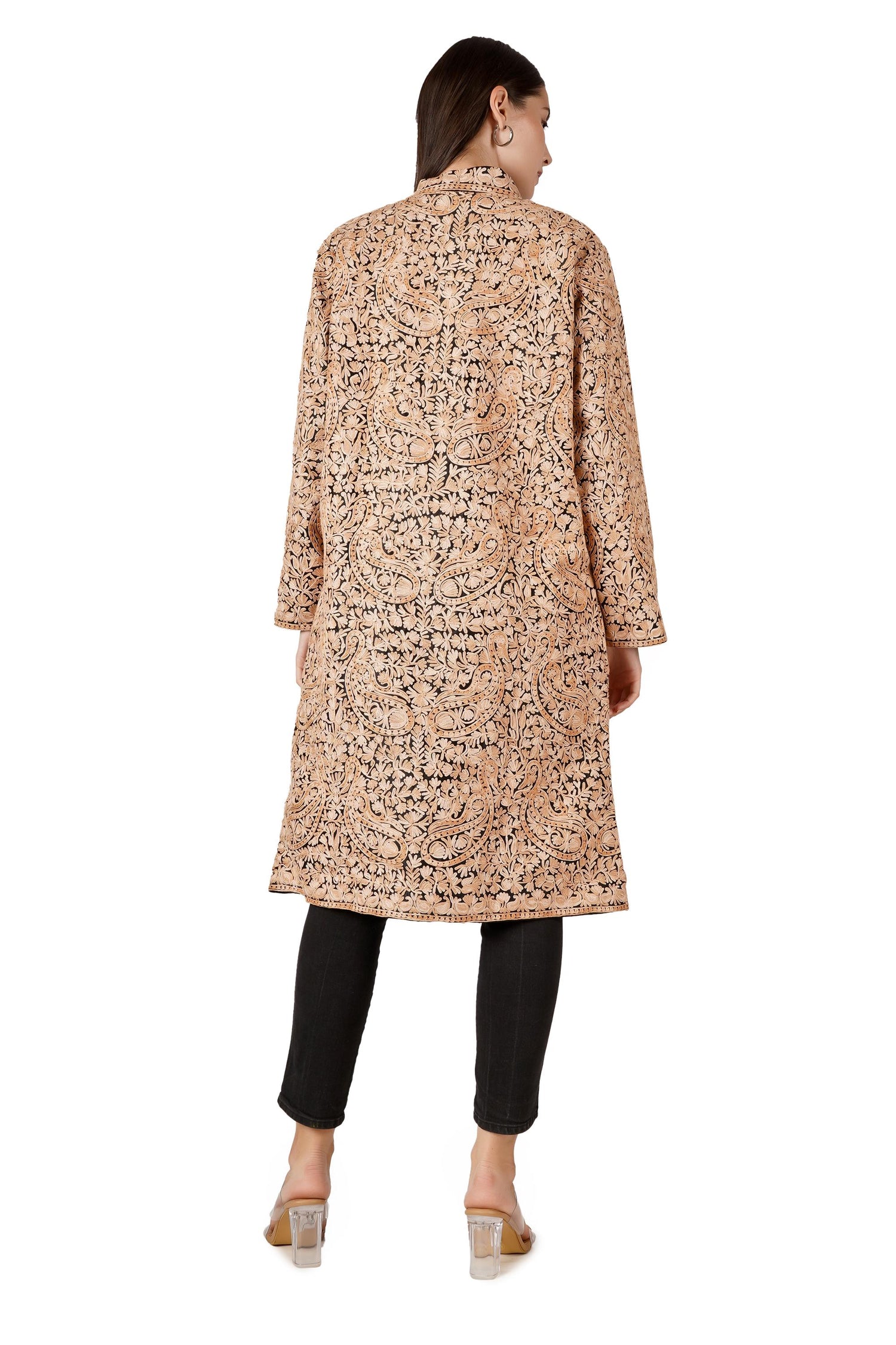 Kashmiri Jacket, Aari Embroidered Wool Jacket, Cashmere Jacket For Winter, Chain Stitch Embroidery, Long Embroidered Coat - BATIN