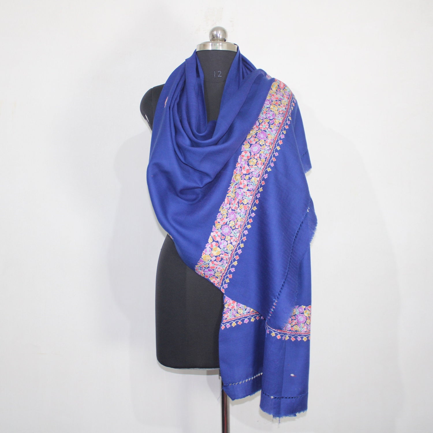 Handmade Kashmiri Paper Mache Embroidered Woolen Scarf in Blue - 70cm x 200cm - BATIN