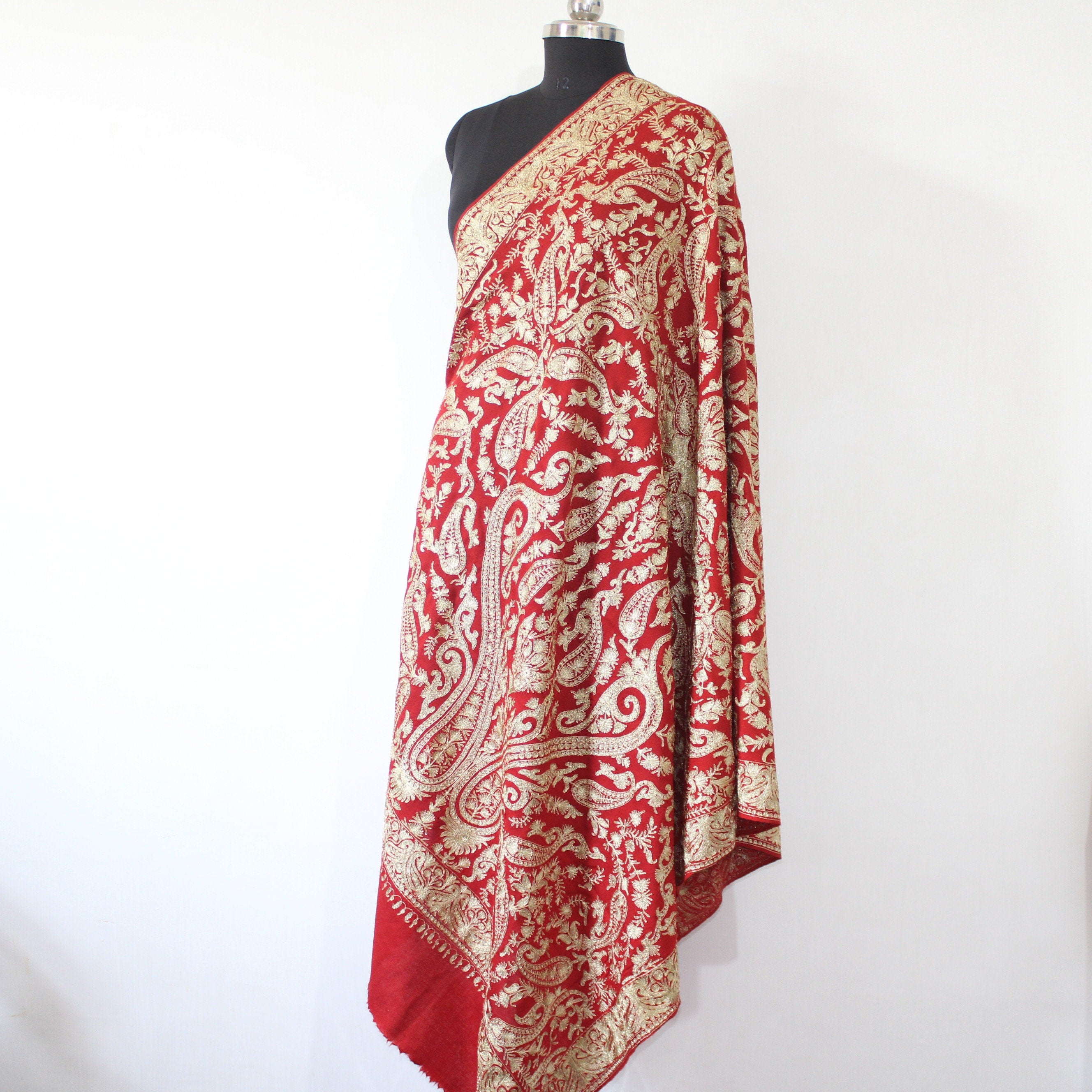 Bridal Embroidered Shawl, Kashmiri Tilla Shawl For Women, Indian Wedding Shawl, Bridal Cover Up Wrap, Zari Embroidered Cashmere Shawl