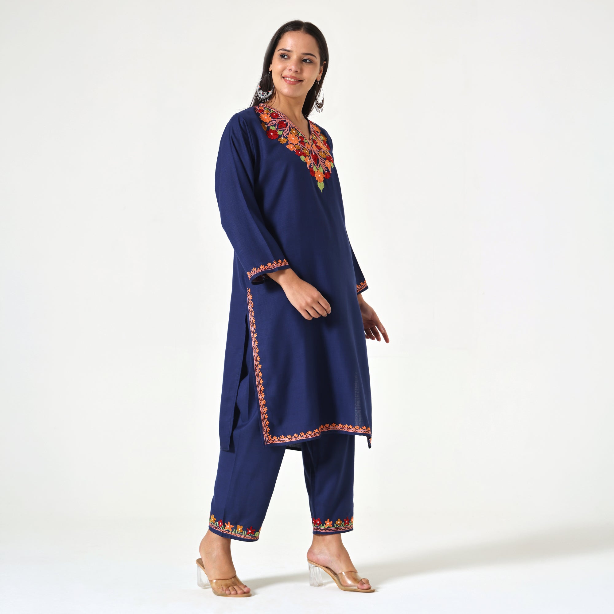 Kashmiri Aari Embroidered Cotton Kurti with Bottom Pant, Womens Coord Set