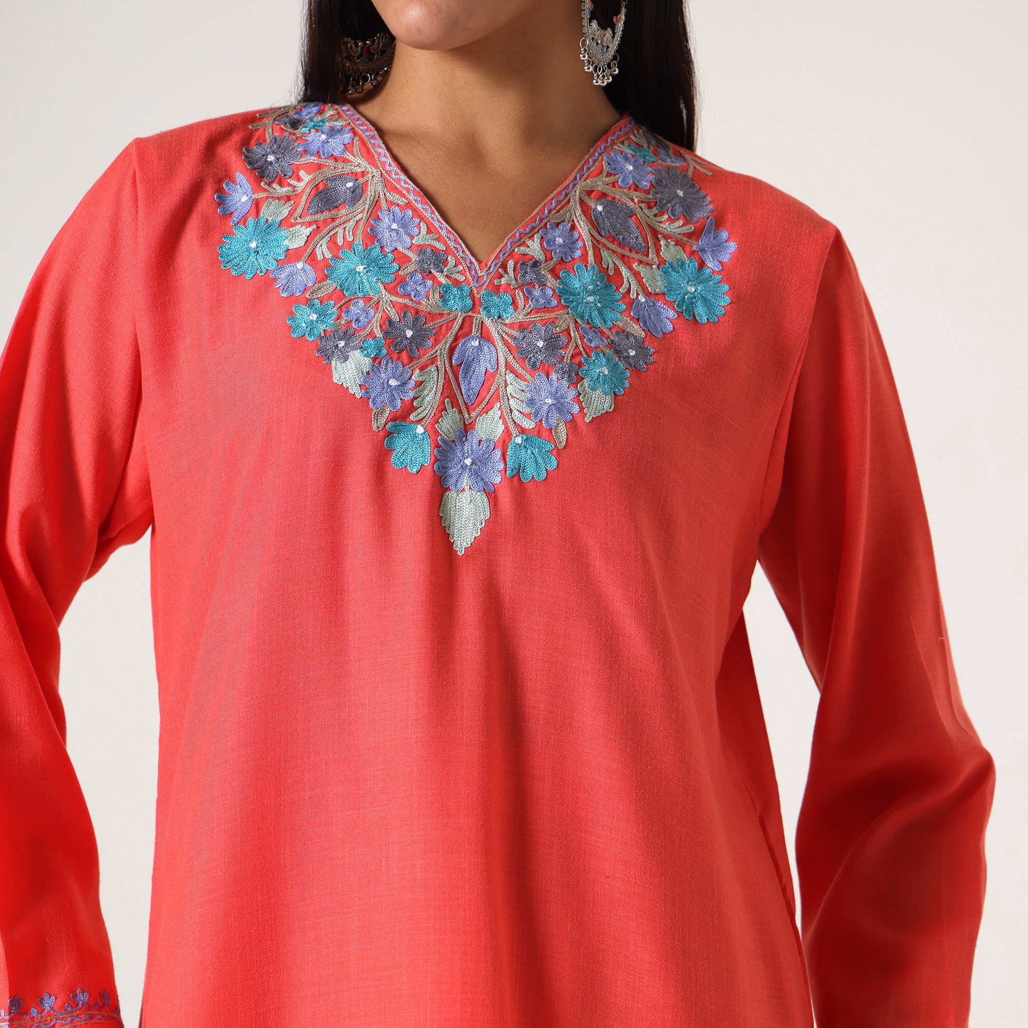 Kashmiri Aari Embroidered Cotton Kurti with Bottom Pant, Womens Coord Set For Summer