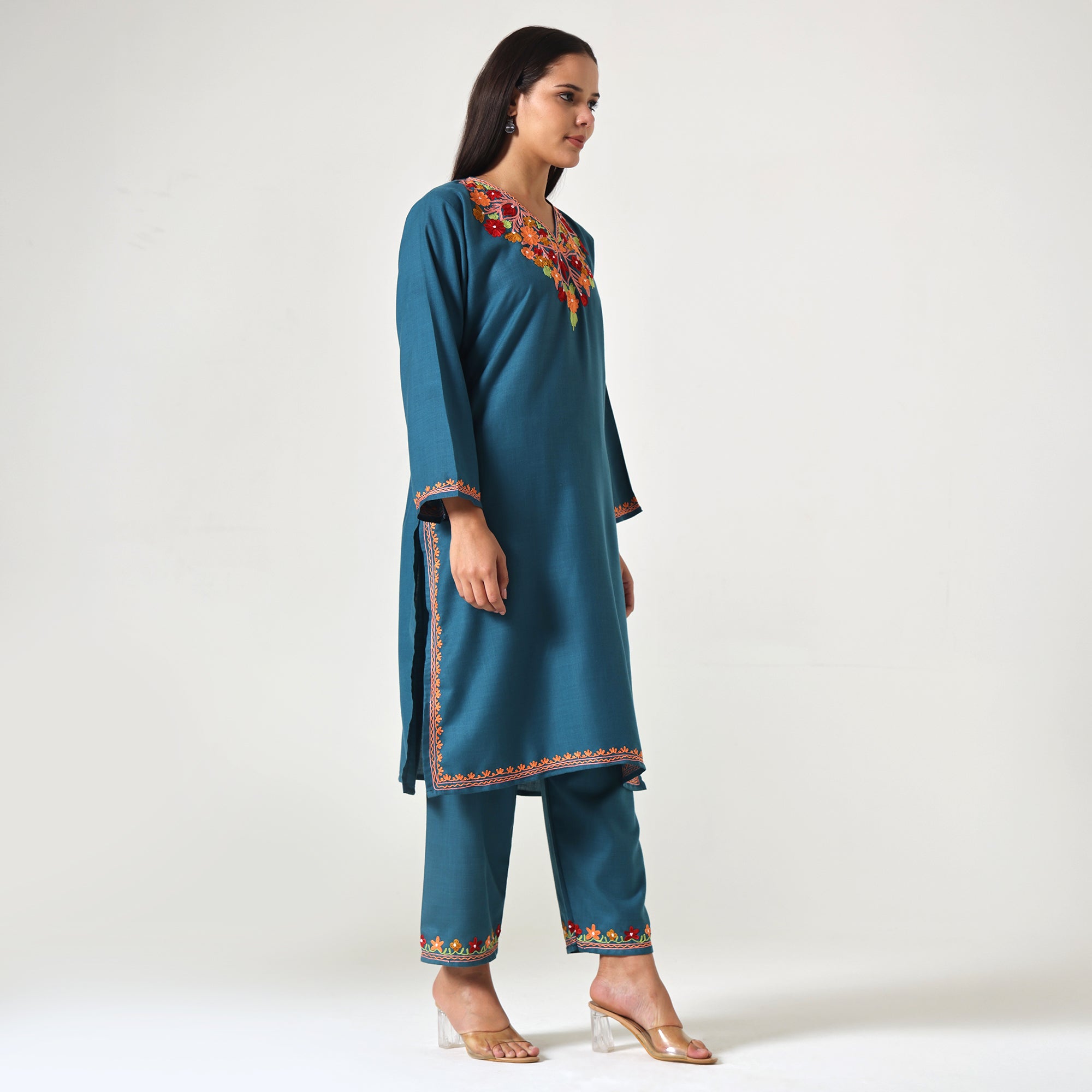 Kashmiri Aari Embroidered Cotton Kurti with Bottom Pant, Womens Coord Set For Summer