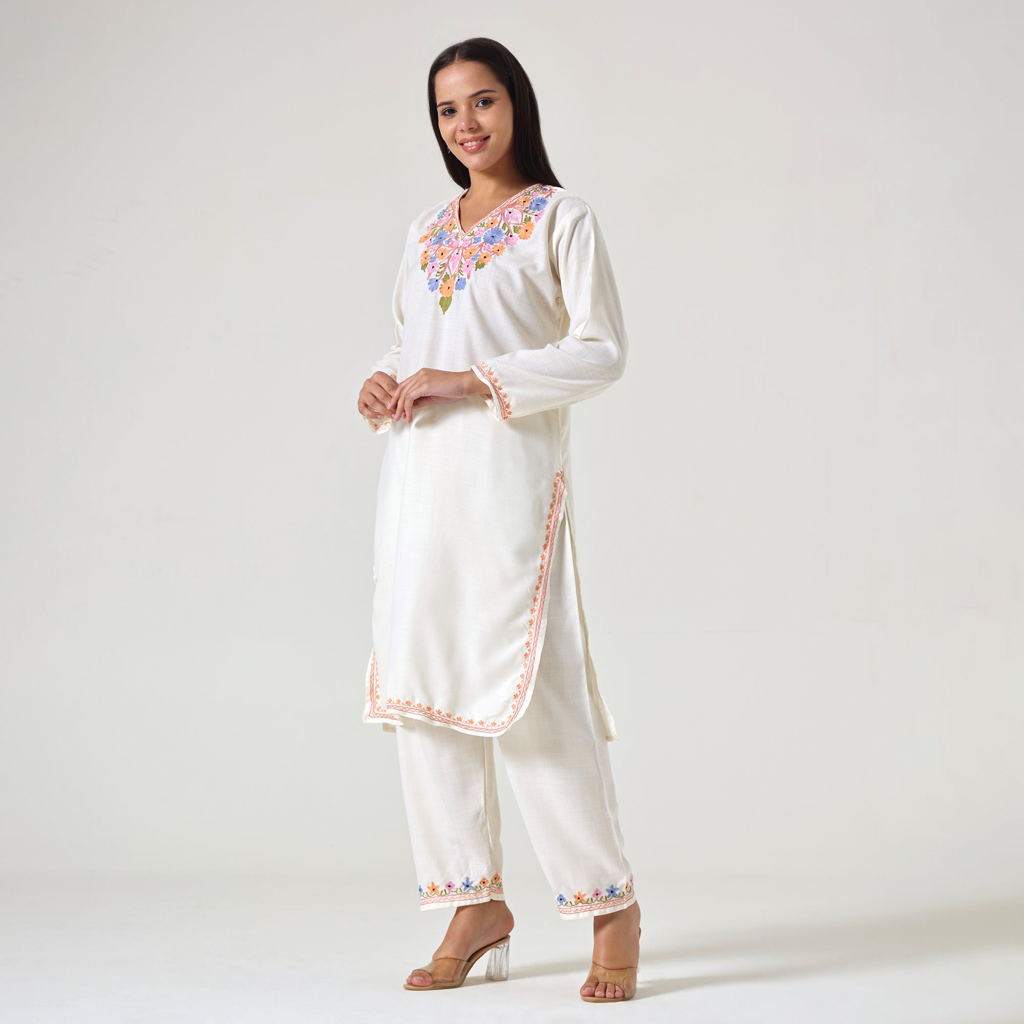 Kashmiri Aari Embroidered Cotton Kurti with Bottom Pant, Womens Coord Set For Summer
