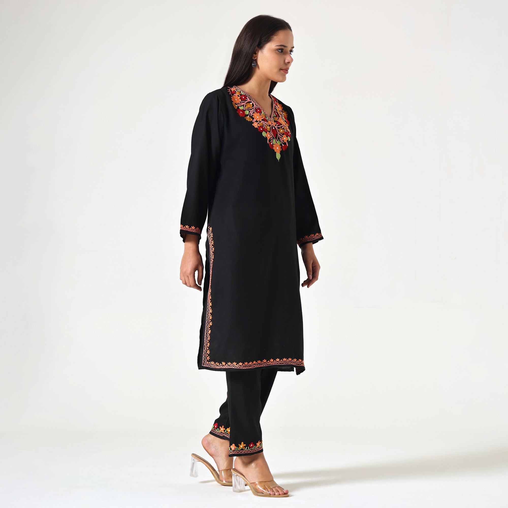 Kashmiri Aari Embroidered Cotton Kurti with Bottom Pant, Womens Coord Set