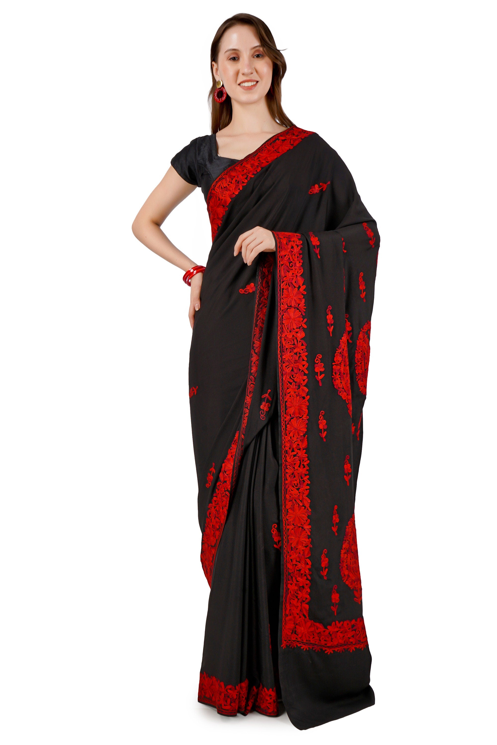 Kashmiri Aari Embroidered Crepe Silk Saree With Blouse, Kashmiri Sari, Indian Black Saree For Womens, Silk Embroidered Saree for Weddings