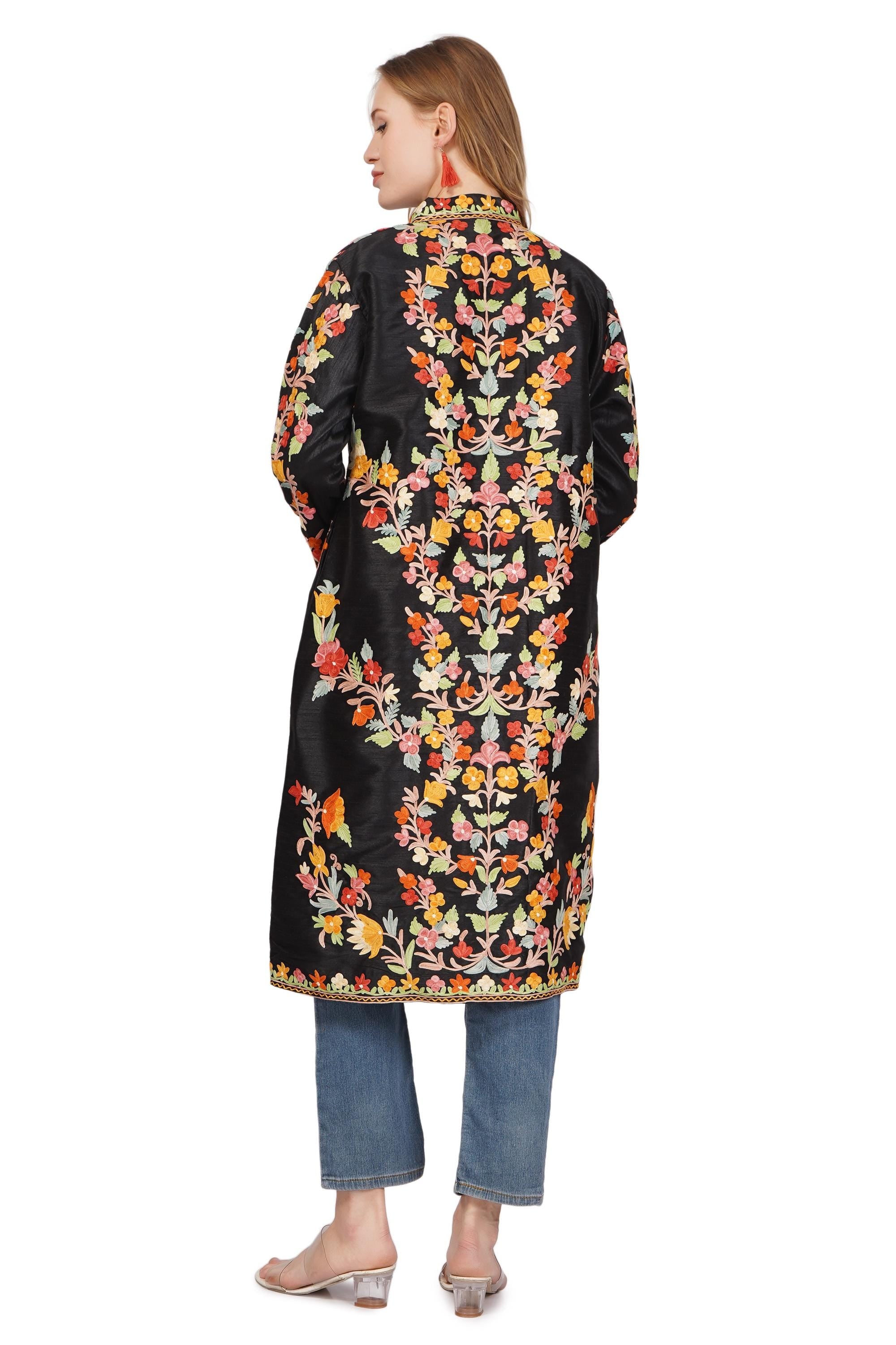 Kashmiri Jacket, Embroidered Silk Jacket, Long Length Coat, Bohemian Jacket, Embroidered Jacket, Long Embroidered Coat, Silk Summer Jacket