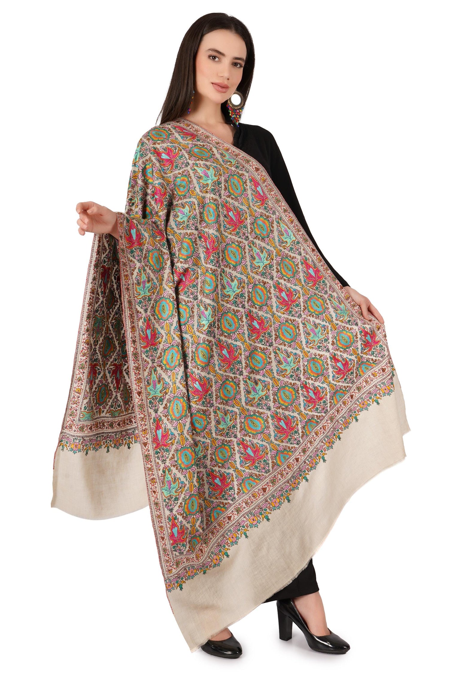 Pure Pashmina Jamawar Shawl with Sozni Hand Embroidery, Handmade Undyed Natural White, Paper Mache Embroidery Shawl