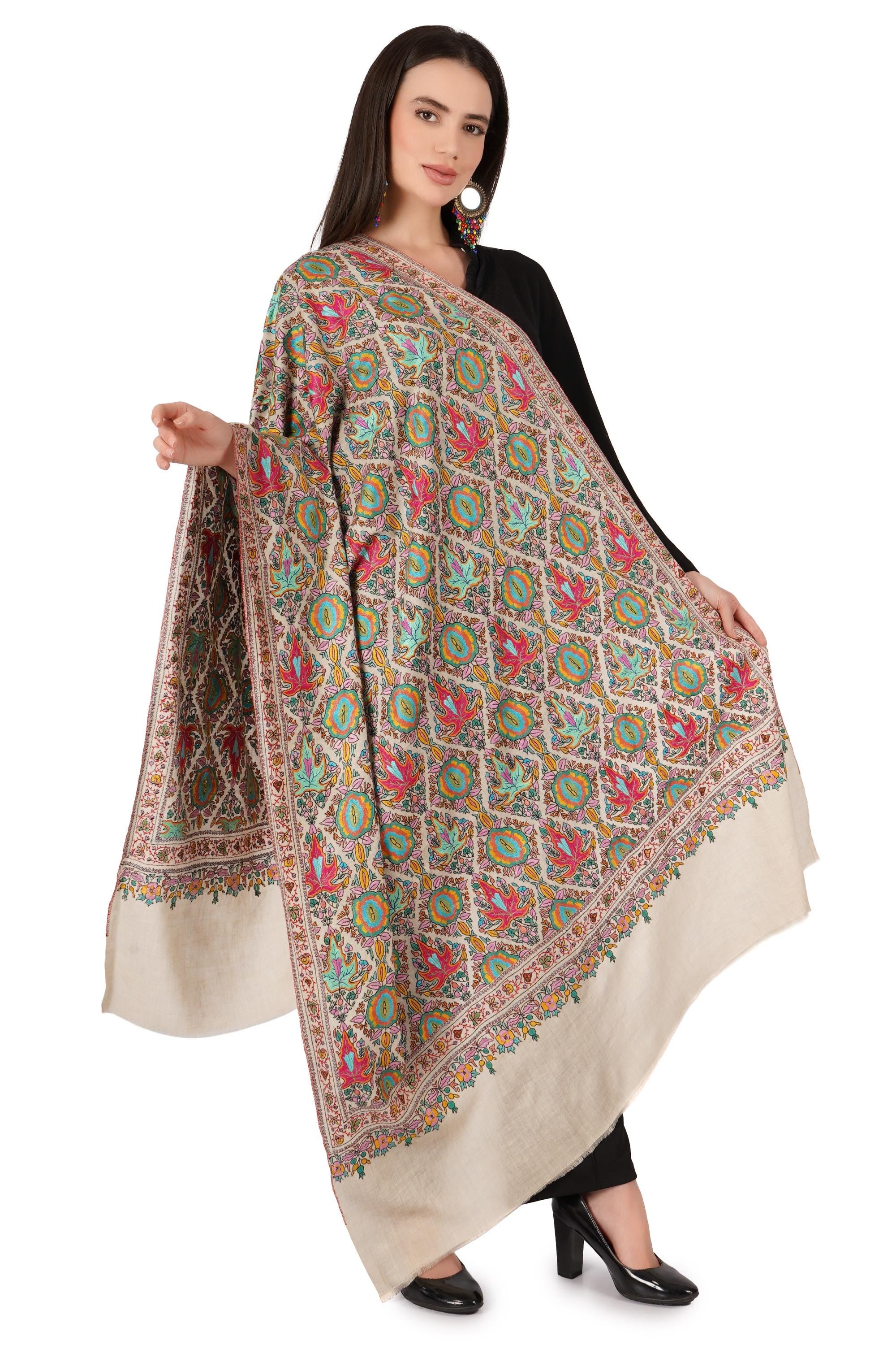Pure Pashmina Jamawar Shawl with Sozni Hand Embroidery, Handmade Undyed Natural White, Paper Mache Embroidery Shawl