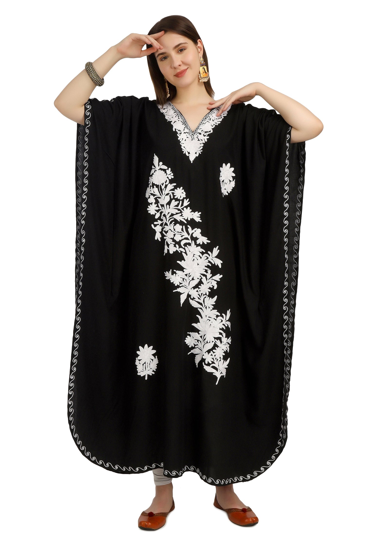 Kashmiri Aari Embroidered Cotton Kaftan for Women, Handmade Kaftan Dress for Girls, Cotton Maxi Dress for Summers