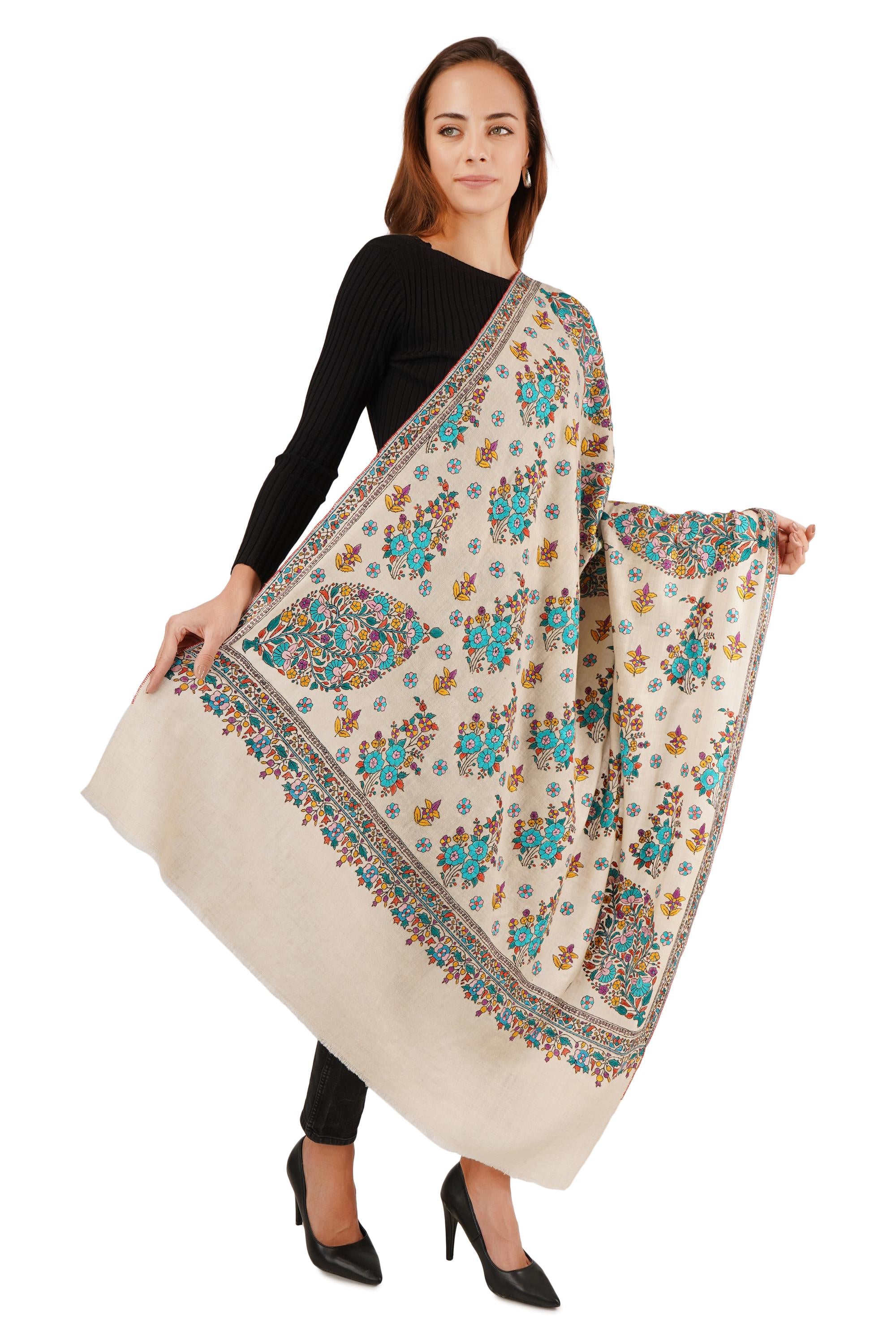 Pure Pashmina sozni handwork Embroidery Shawl, Handmade Undyed Natural White, Paper Mache Embroidery, Sozni Hand Embroidery - BATIN