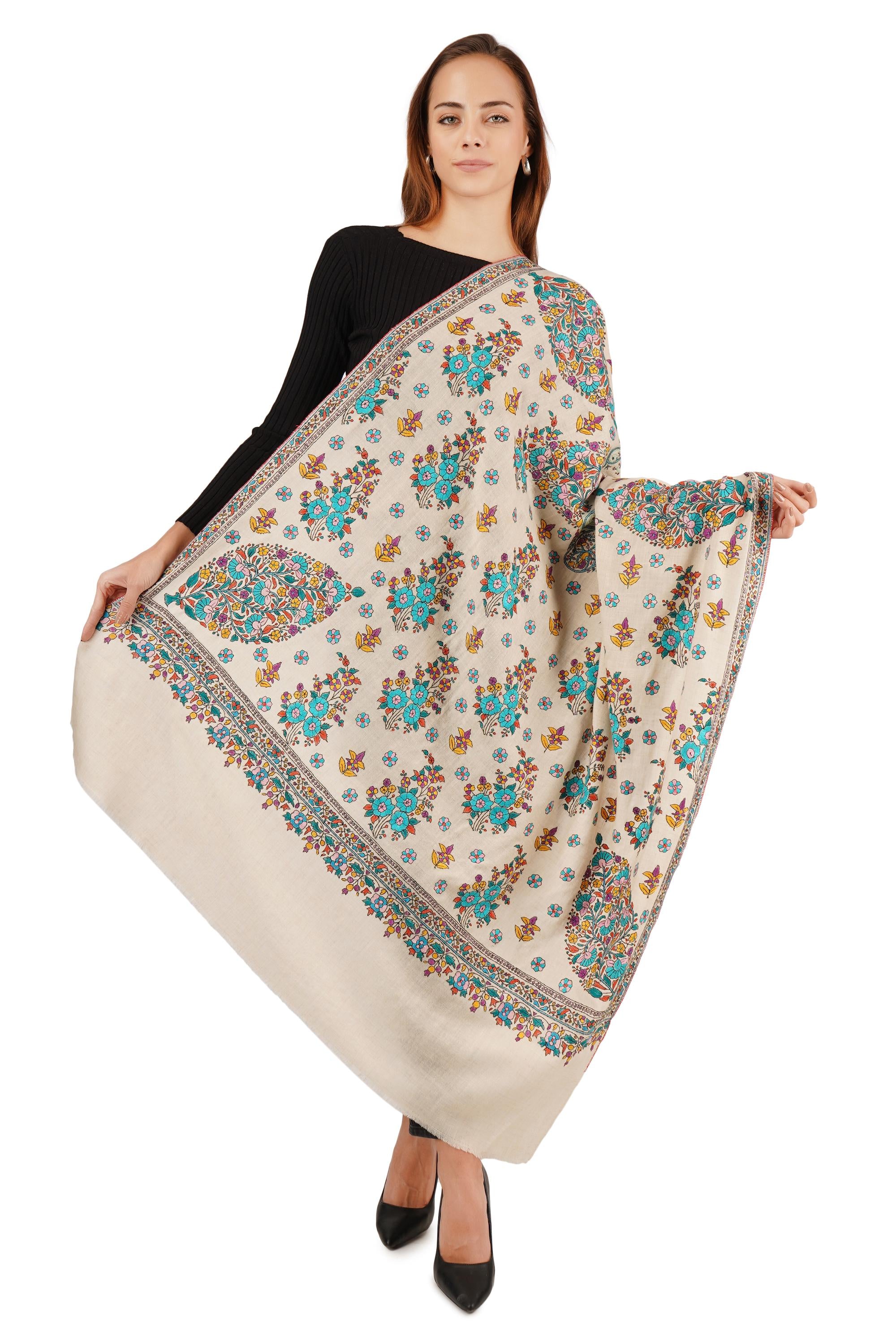 Pure Pashmina sozni handwork Embroidery Shawl, Handmade Undyed Natural White, Paper Mache Embroidery, Sozni Hand Embroidery - BATIN