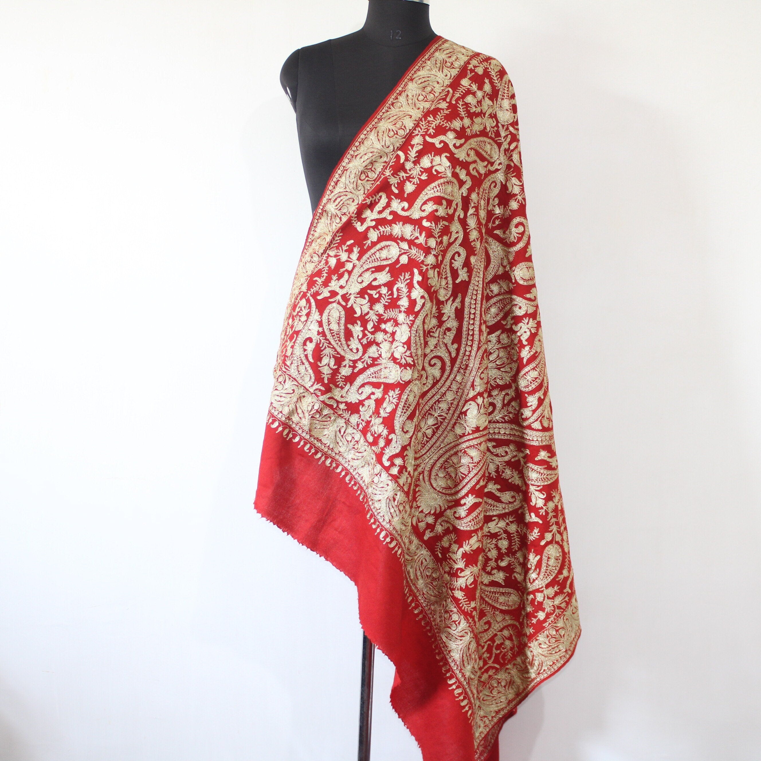 Bridal Embroidered Shawl, Kashmiri Tilla Shawl For Women, Indian Wedding Shawl, Bridal Cover Up Wrap, Zari Embroidered Cashmere Shawl