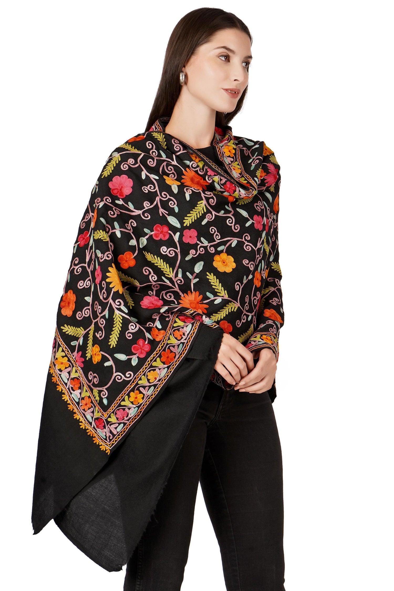 Kashmiri Woollen Scarf with Aari Embroidery For Women, Floral Kashmiri Scarf, Indian Wrap, Shawl for women, Cashmere Wrap, Gift Shawl - BATIN