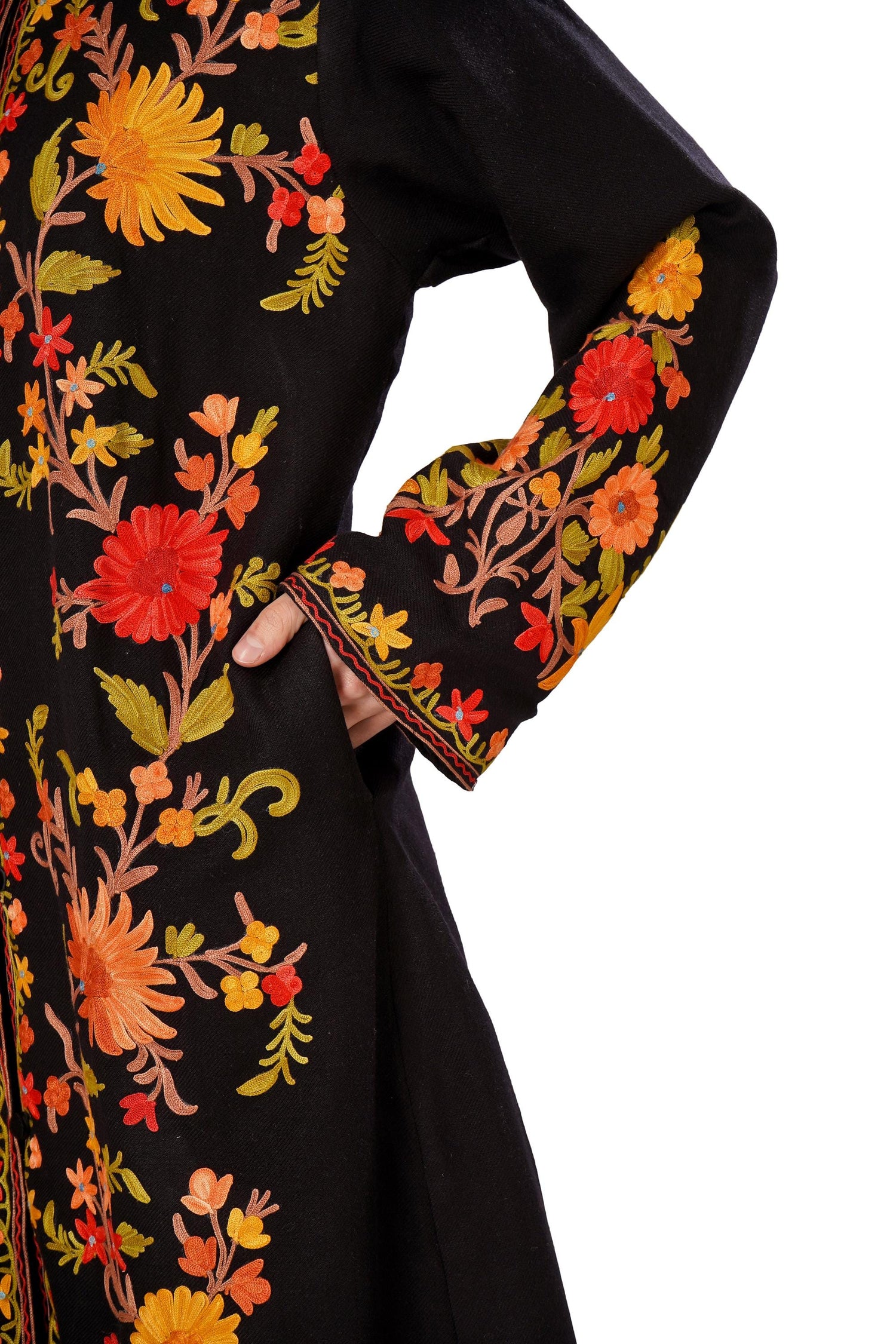 Kashmiri Aari Embroidered Long woollen Jacket, Winter Coat For Women, Floral Indian Jacket, Warm Cashmere Jacket