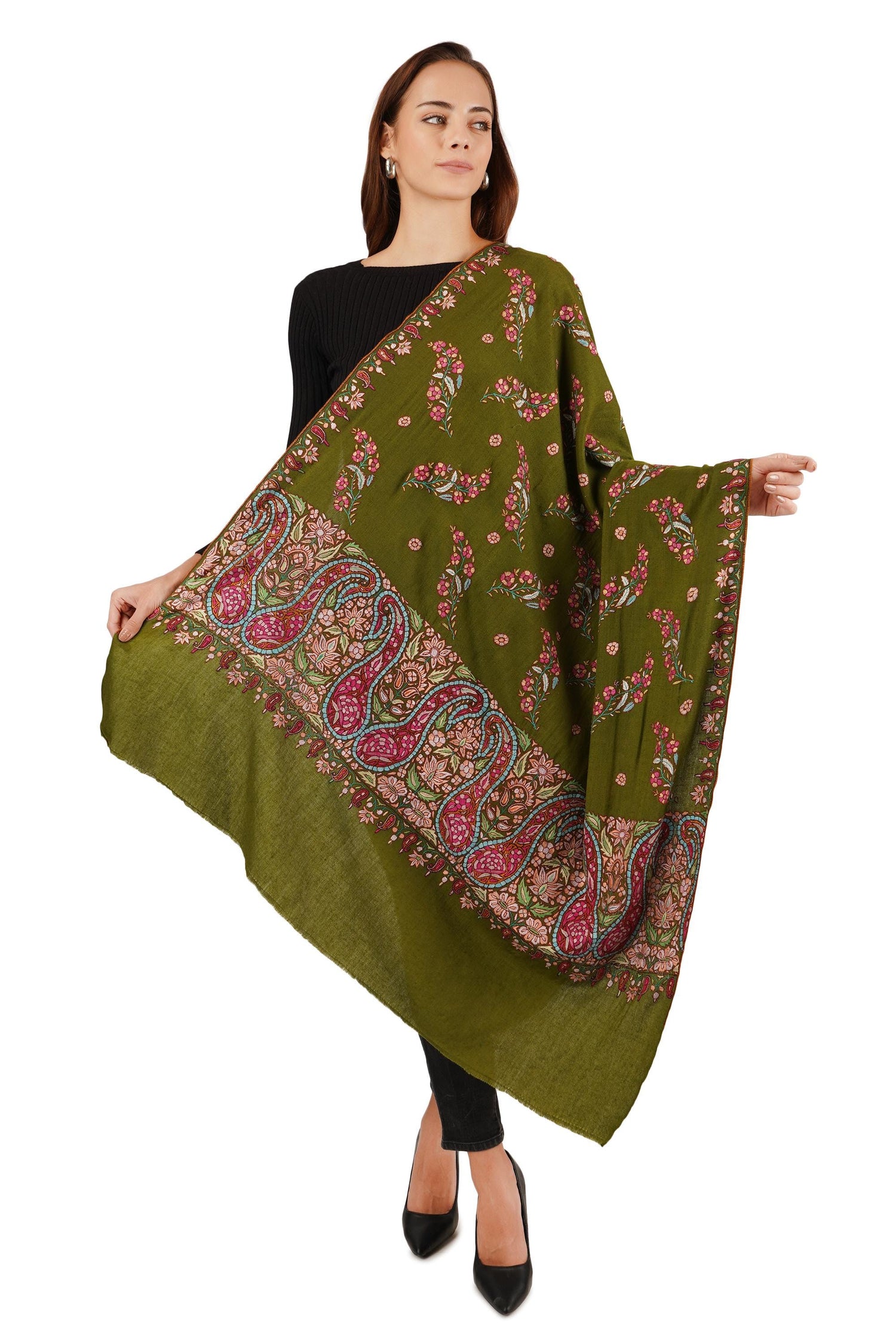 Pure Pashmina Shawl with Sozni Hand Embroidery, Paper Mache Embroidery Shawl, Handmade Green Shawl