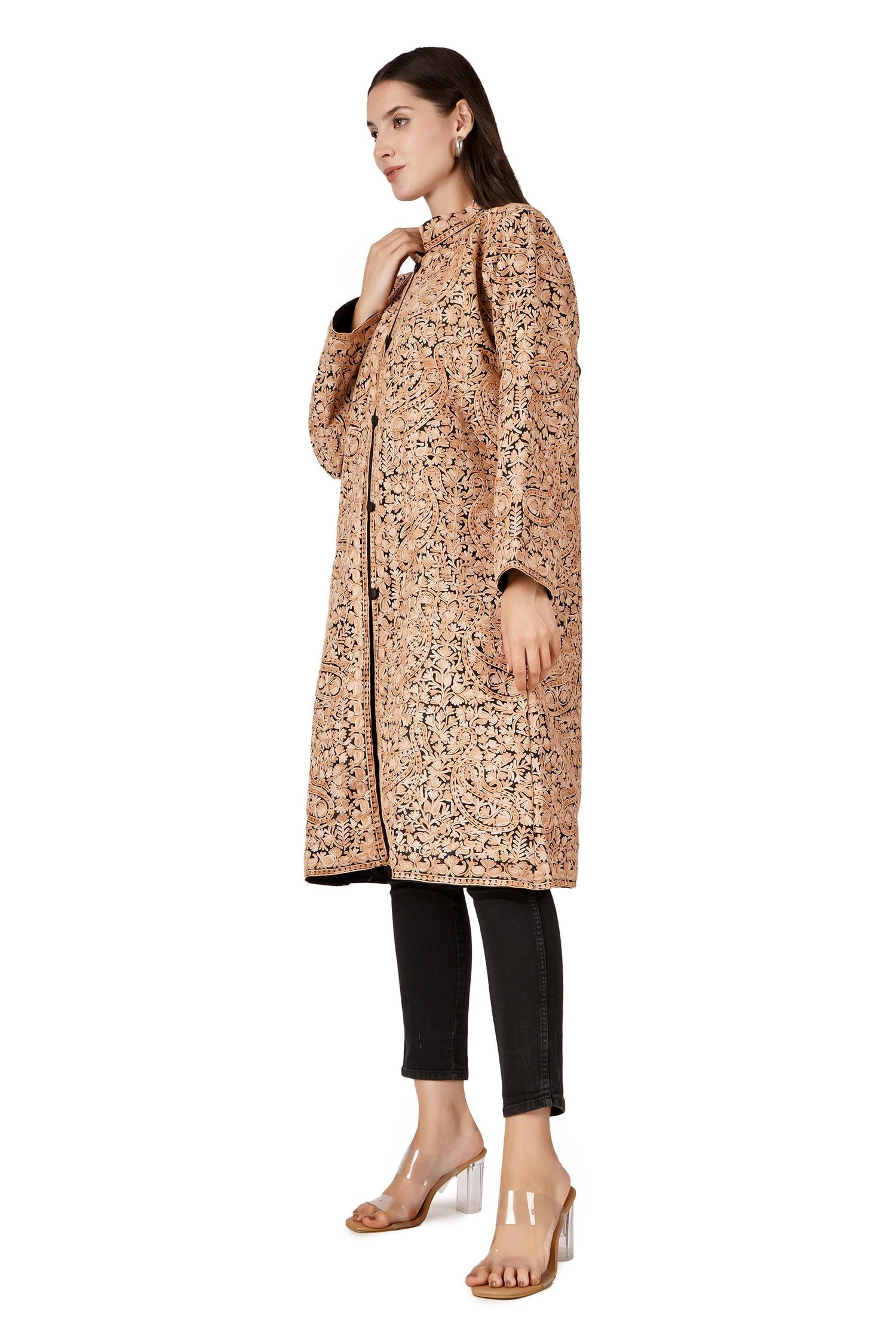 Kashmiri Jacket, Aari Embroidered Wool Jacket, Cashmere Jacket For Winter, Chain Stitch Embroidery, Long Embroidered Coat - BATIN