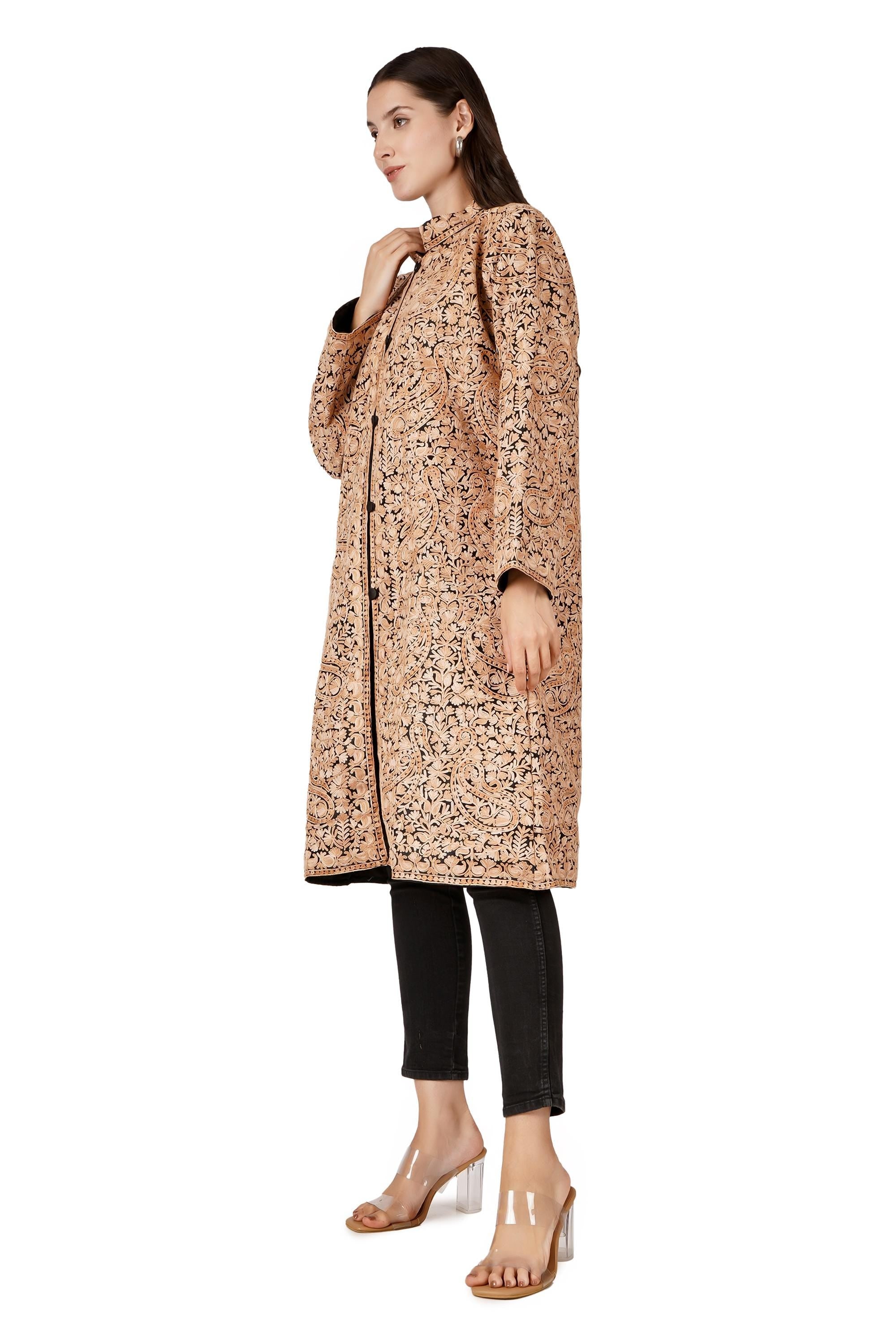 Kashmiri Jacket, Aari Embroidered Wool Jacket, Cashmere Jacket For Winter, Chain Stitch Embroidery, Long Embroidered Coat - BATIN