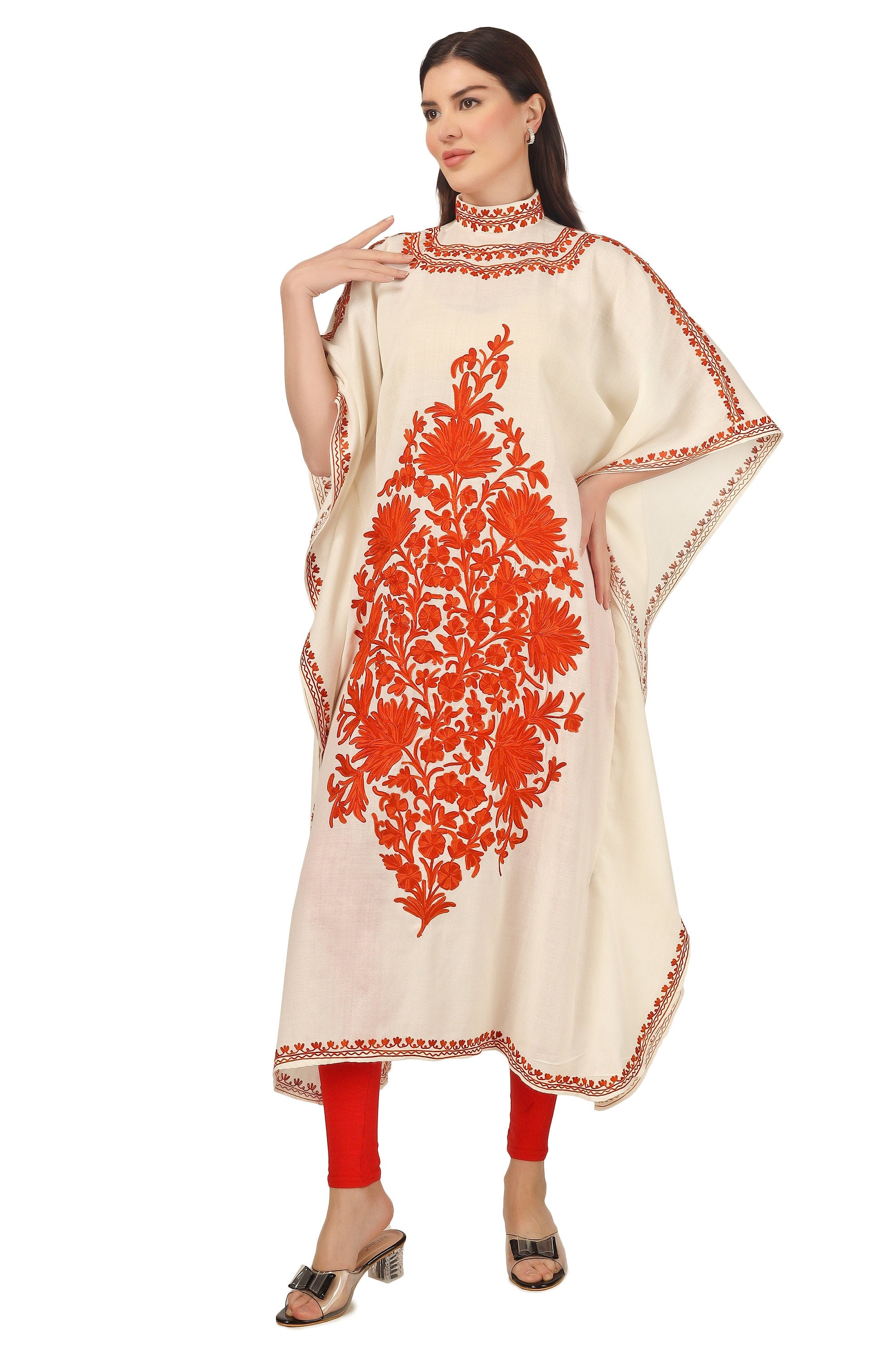 Pashmina Kaftan, Cashmere Aari Embroidered Kaftan, Kashmiri Kaftan, Women Caftan, White Kaftan,