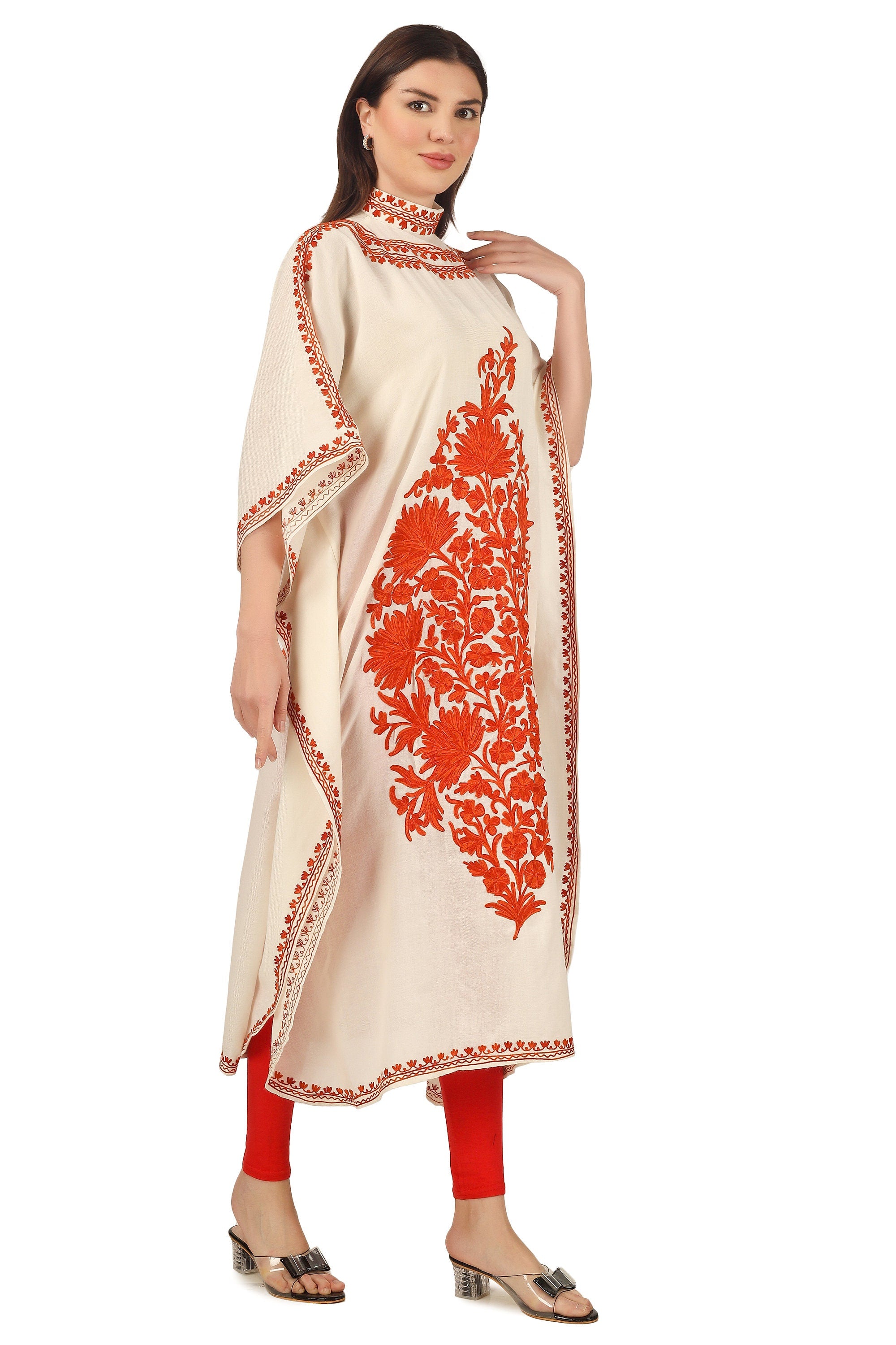Pashmina Kaftan, Cashmere Aari Embroidered Kaftan, Kashmiri Kaftan, Women Caftan, White Kaftan,